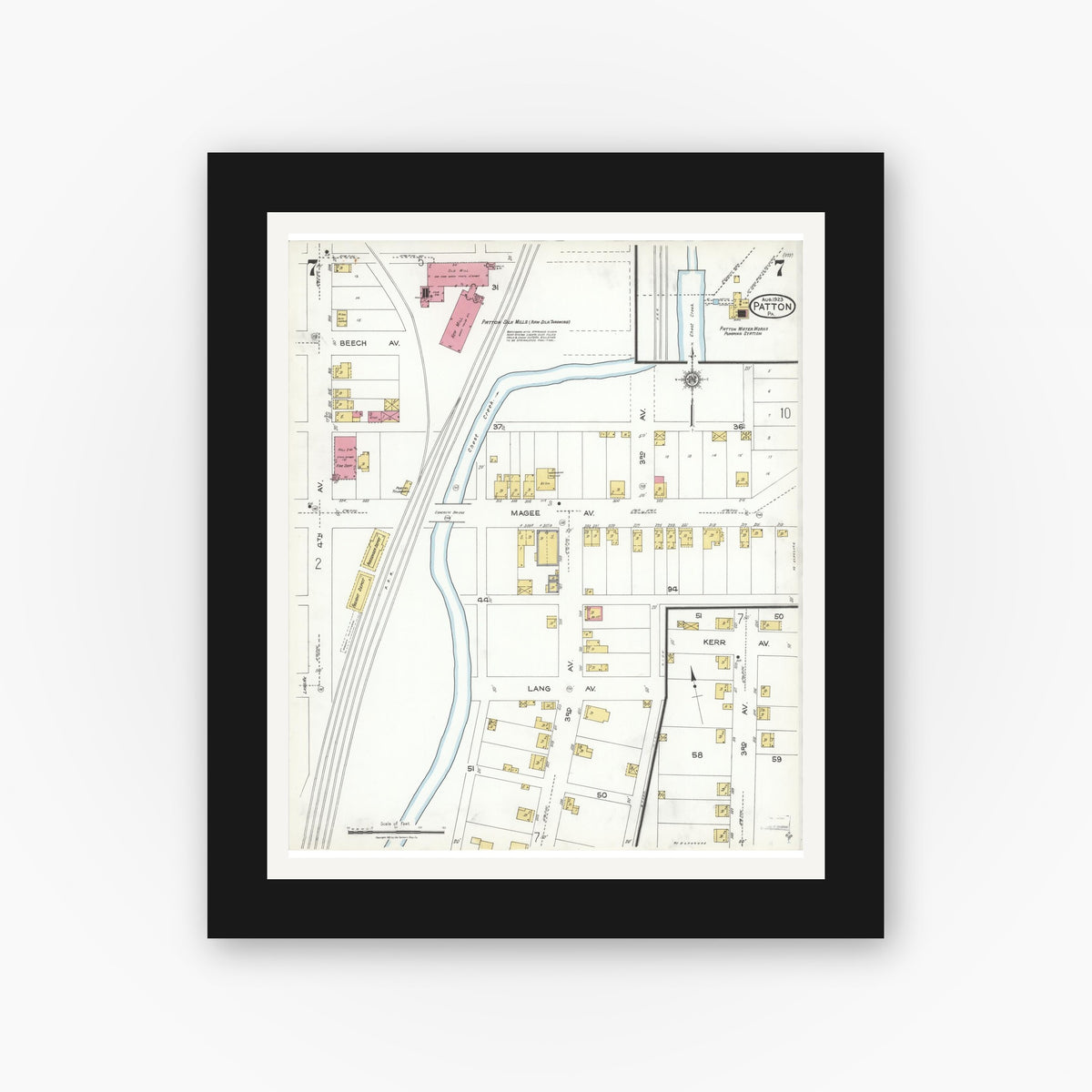 Old map wall art mockup — black gallery frame with white mat — Sanborn Fire Insurance Map from Patton, Cambria County, Pennsylvania (1923), Sheet #0007