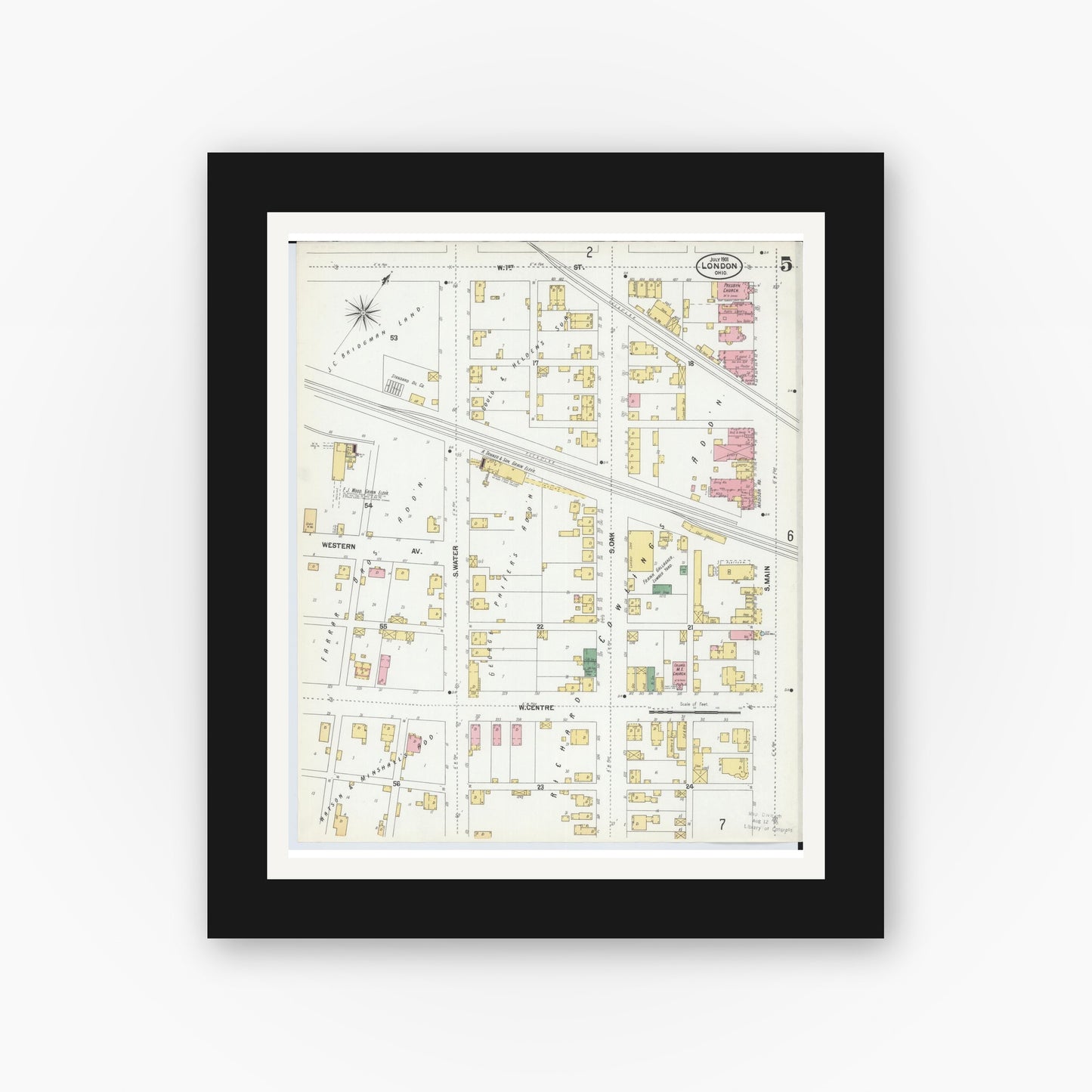 Old map wall art mockup — black gallery frame with white mat — Sanborn Fire Insurance Map from London, Madison County, Ohio (1901), Sheet #0005