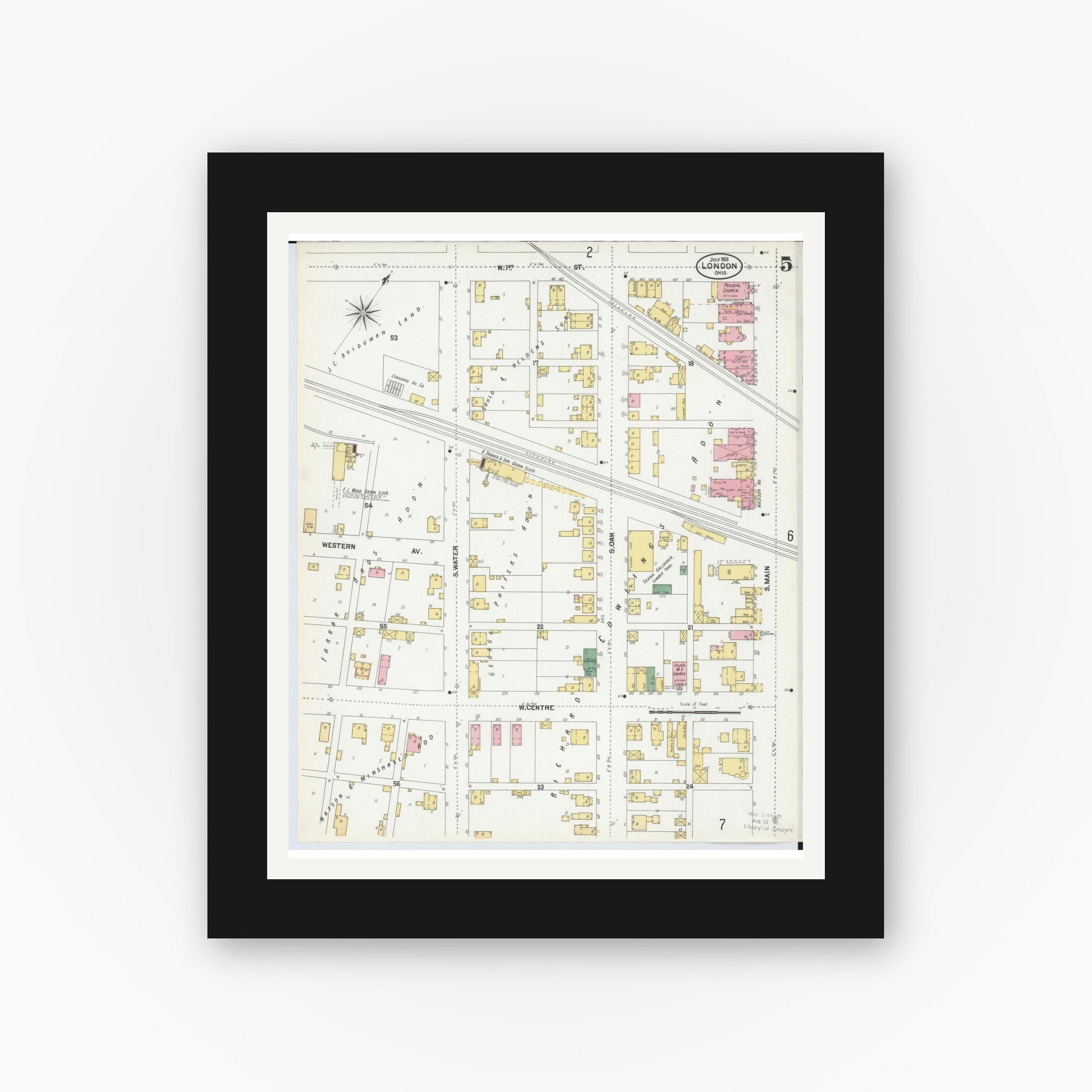 Old map wall art mockup — black gallery frame with white mat — Sanborn Fire Insurance Map from London, Madison County, Ohio (1901), Sheet #0005