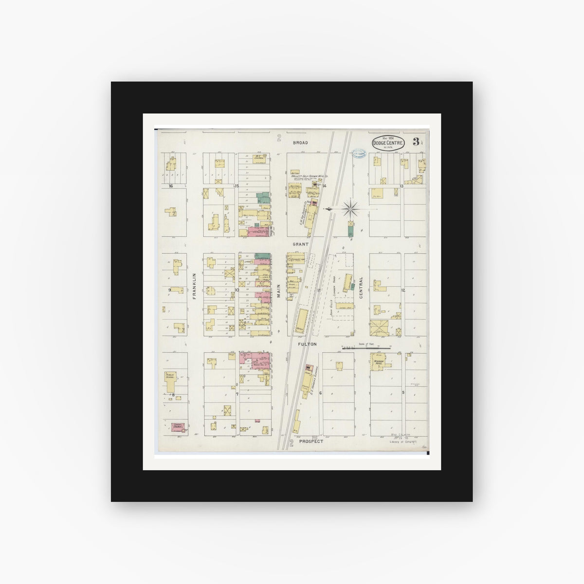 Old map wall art mockup — black gallery frame with white mat — Sanborn Fire Insurance Map from Dodge Center, Dodge County, Minnesota (1894), Sheet #0003