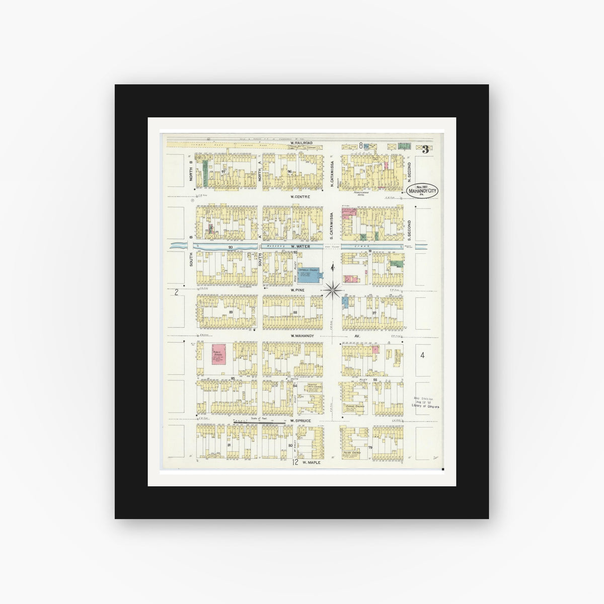 Old map wall art mockup — black gallery frame with white mat — Sanborn Fire Insurance Map from Mahanoy City, Schuylkill County, Pennsylvania (1907), Sheet #0003