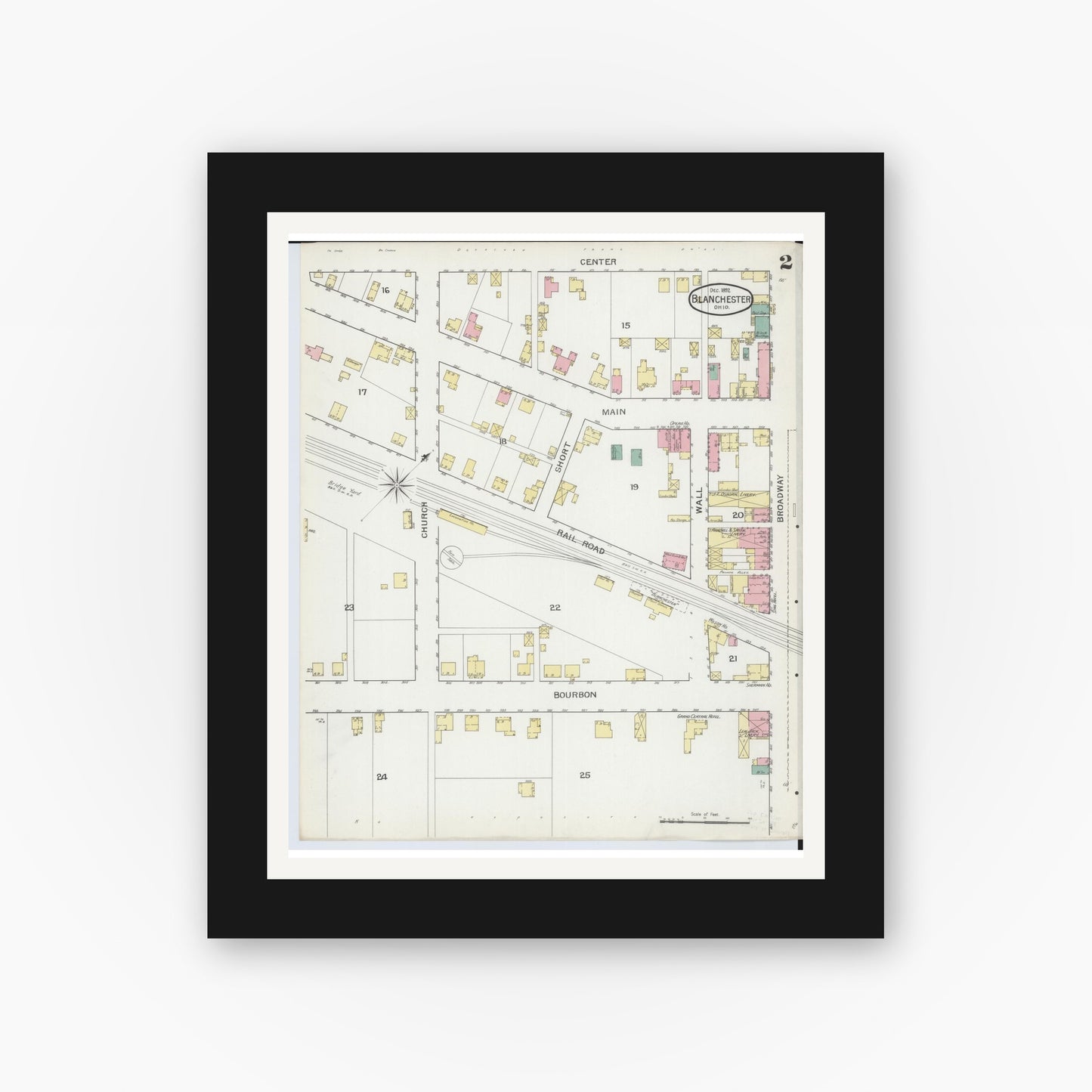 Old map wall art mockup — black gallery frame with white mat — Sanborn Fire Insurance Map from Blanchester, Clinton County, Ohio (1892), Sheet #0002