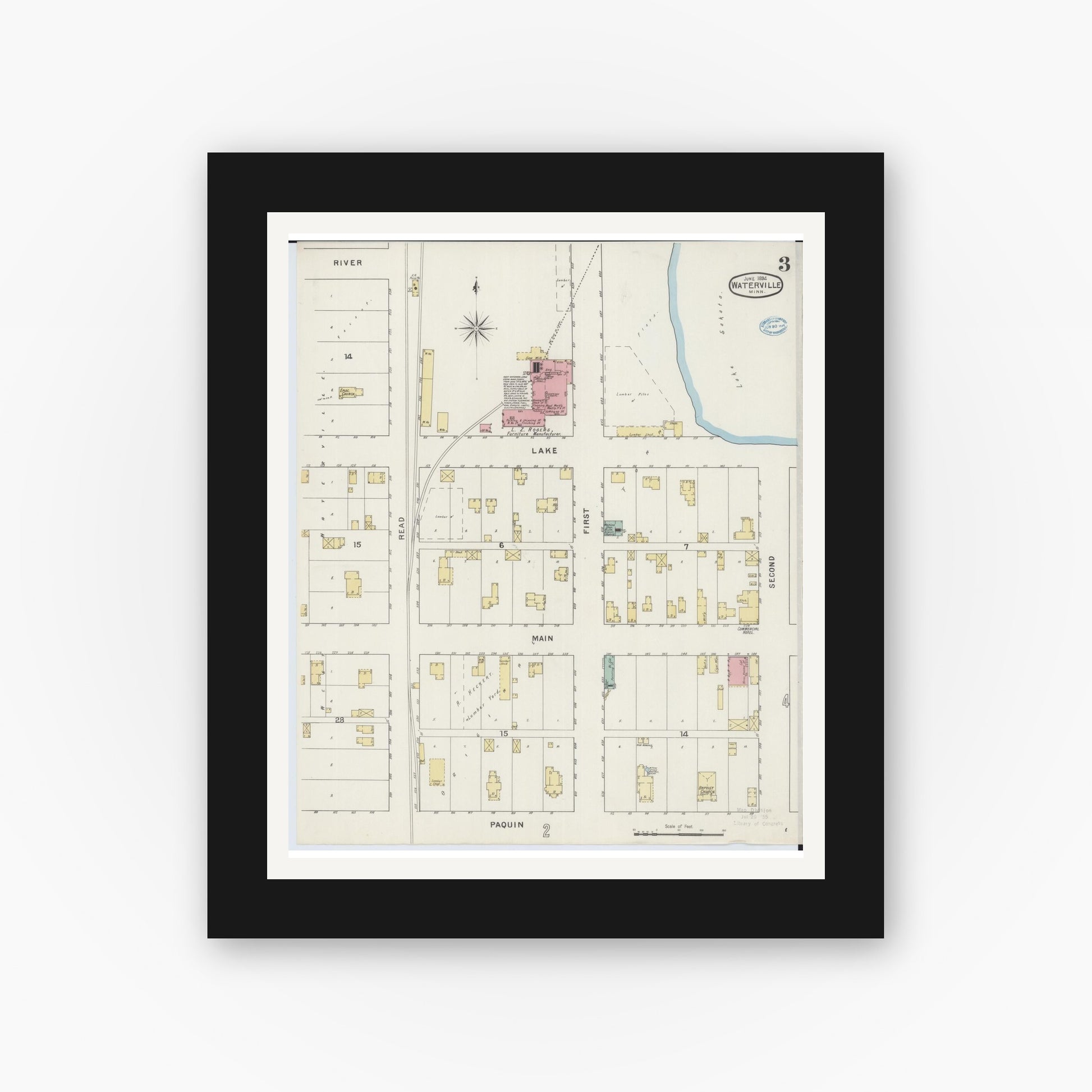 Old map wall art mockup — black gallery frame with white mat — Sanborn Fire Insurance Map from Waterville, Le Sueur County, Minnesota (1894), Sheet #0003