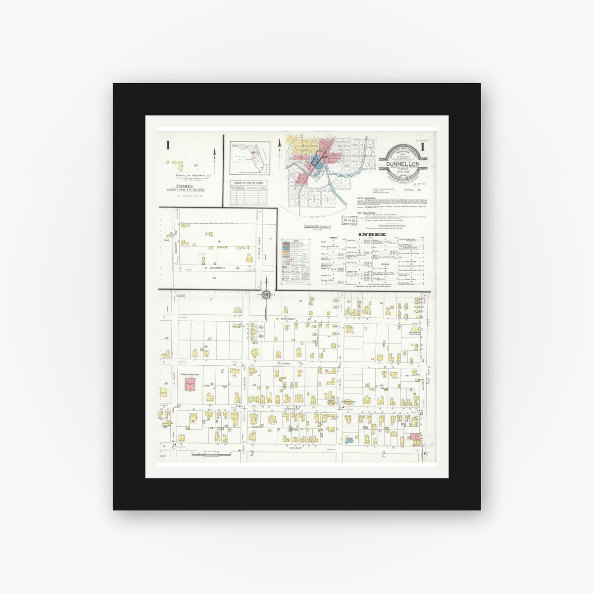 Old map wall art mockup — black gallery frame with white mat — Sanborn Fire Insurance Map from Dunnellon, Marion County, Florida (1933) - Complete Map Set