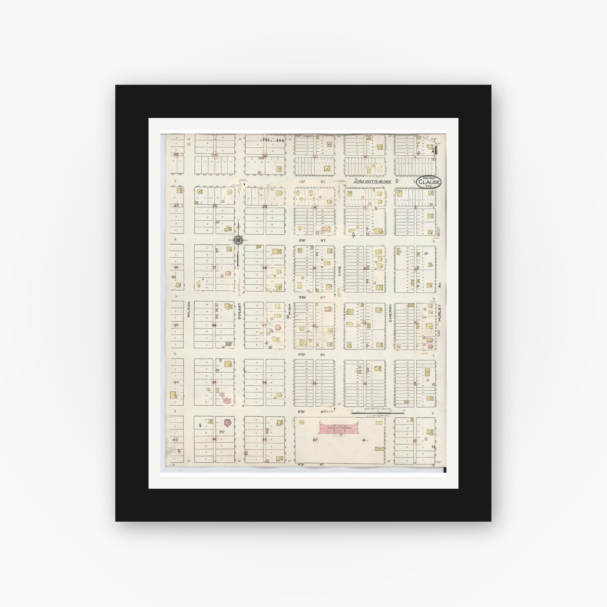 Old map wall art mockup — black gallery frame with white mat — Sanborn Fire Insurance Map from Claude, Armstrong County, Texas (1932), Sheet #0004