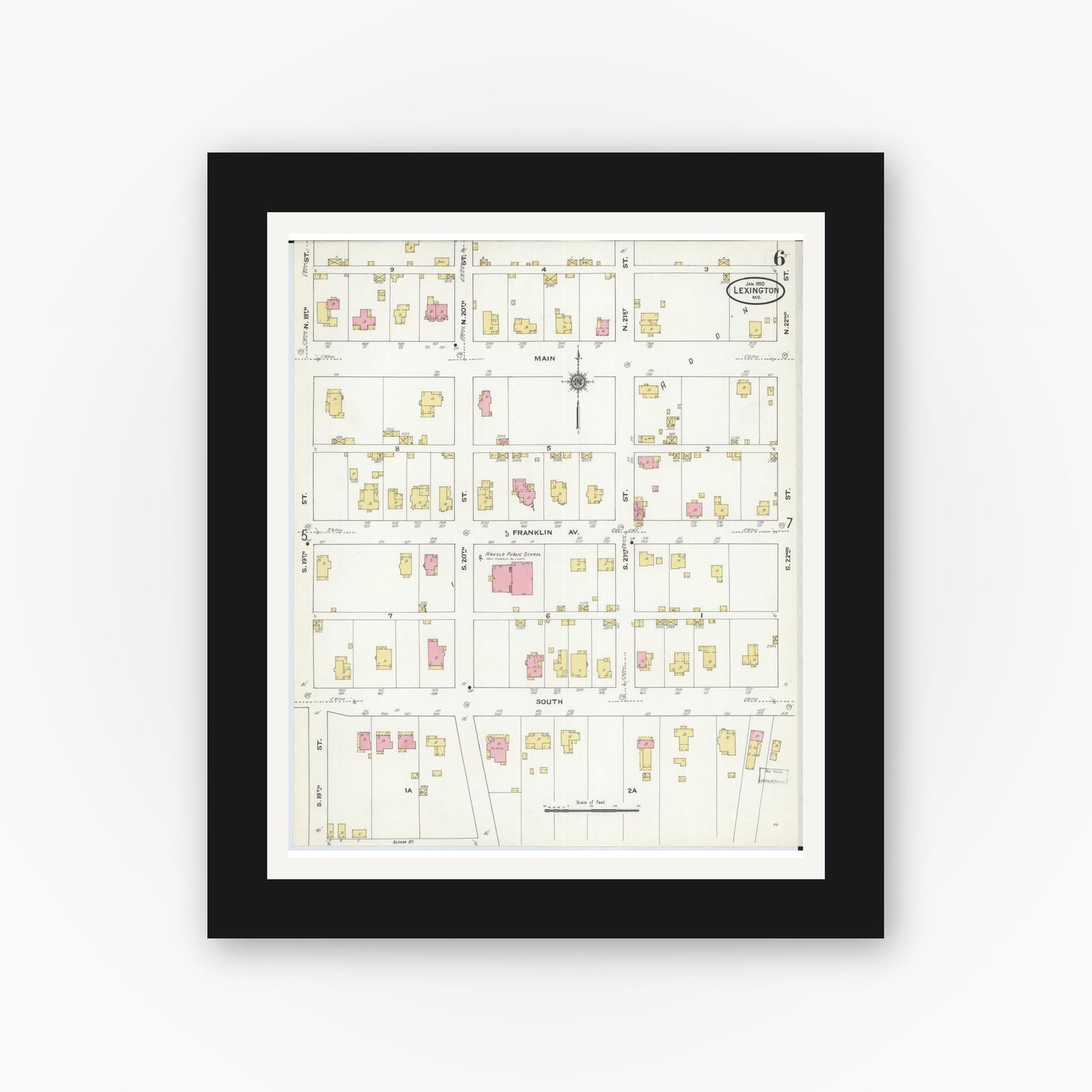 Old map wall art mockup — black gallery frame with white mat — Sanborn Fire Insurance Map from Lexington, Lafayette County, Missouri (1910), Sheet #0006
