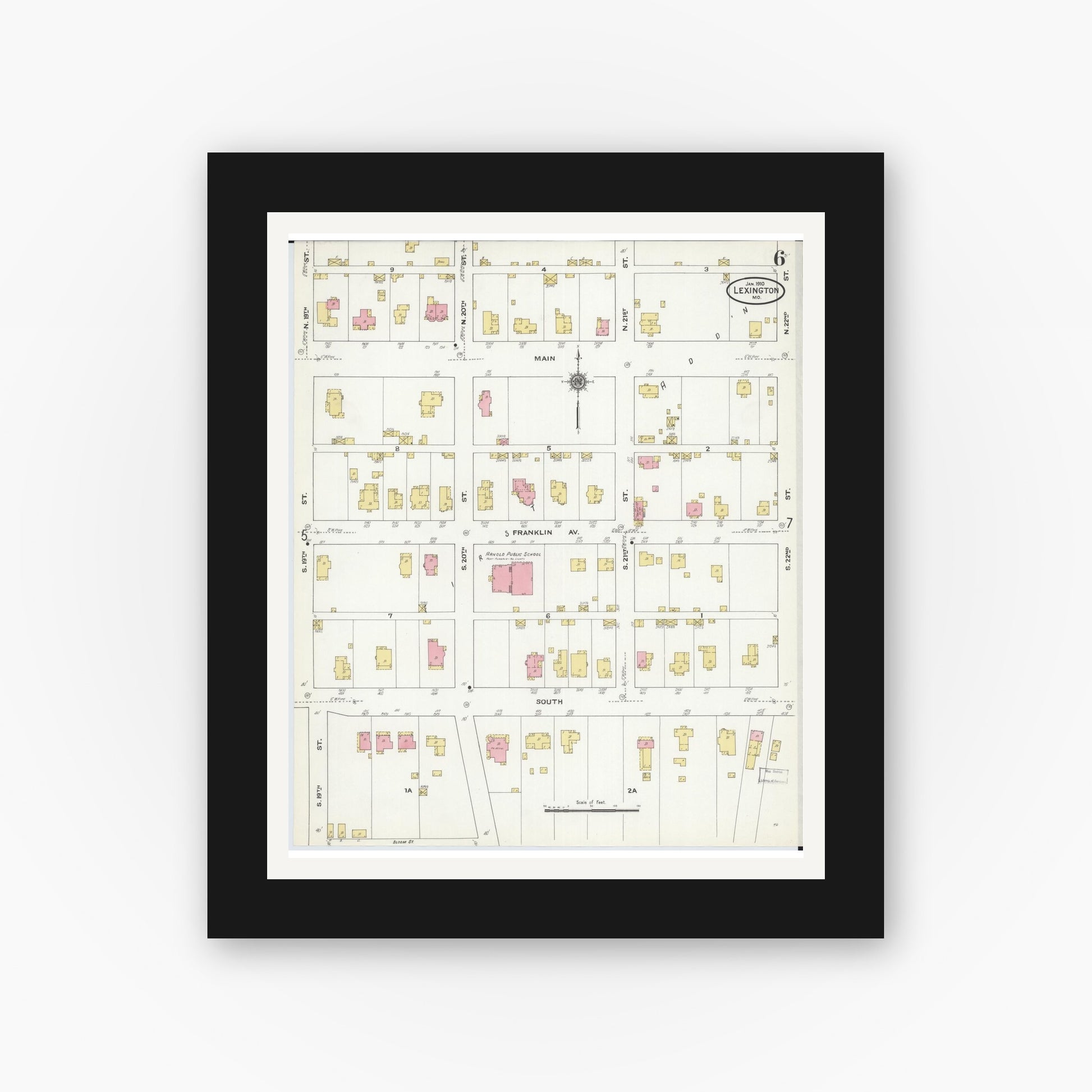 Old map wall art mockup — black gallery frame with white mat — Sanborn Fire Insurance Map from Lexington, Lafayette County, Missouri (1910), Sheet #0006
