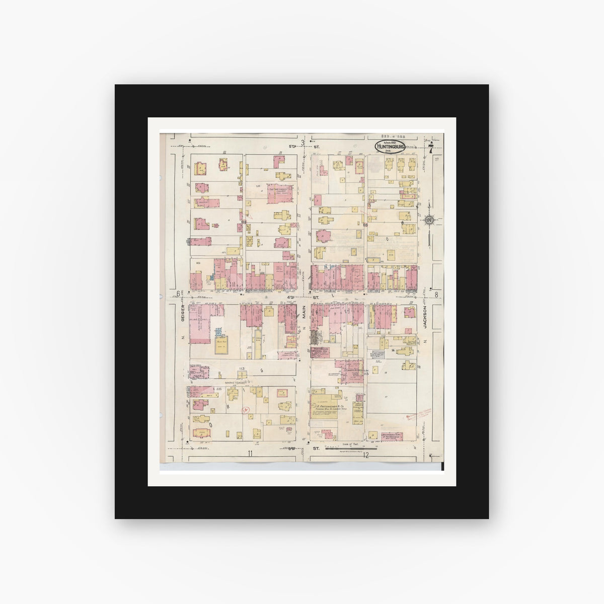 Old map wall art mockup — black gallery frame with white mat — Sanborn Fire Insurance Map from Huntingburg, Dubois County, Indiana (1949), Sheet #0007