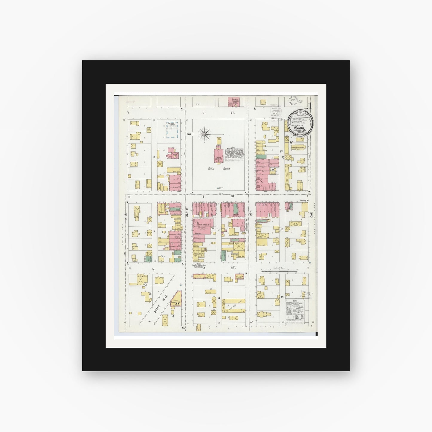 Old map wall art mockup — black gallery frame with white mat — Sanborn Fire Insurance Map from Mason, Ingham County, Michigan (1900) - Complete Map Set