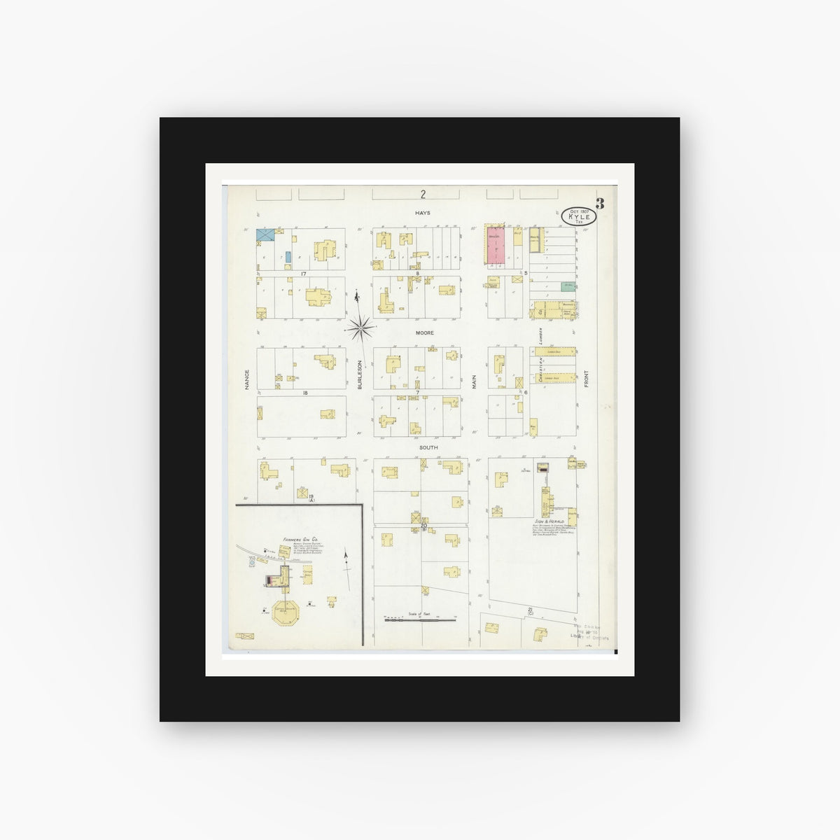 Old map wall art mockup — black gallery frame with white mat — Sanborn Fire Insurance Map from Kyle, Hays County, Texas (1907), Sheet #0003