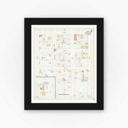 Old map wall art mockup — black gallery frame with white mat — Sanborn Fire Insurance Map from Kyle, Hays County, Texas (1907), Sheet #0003