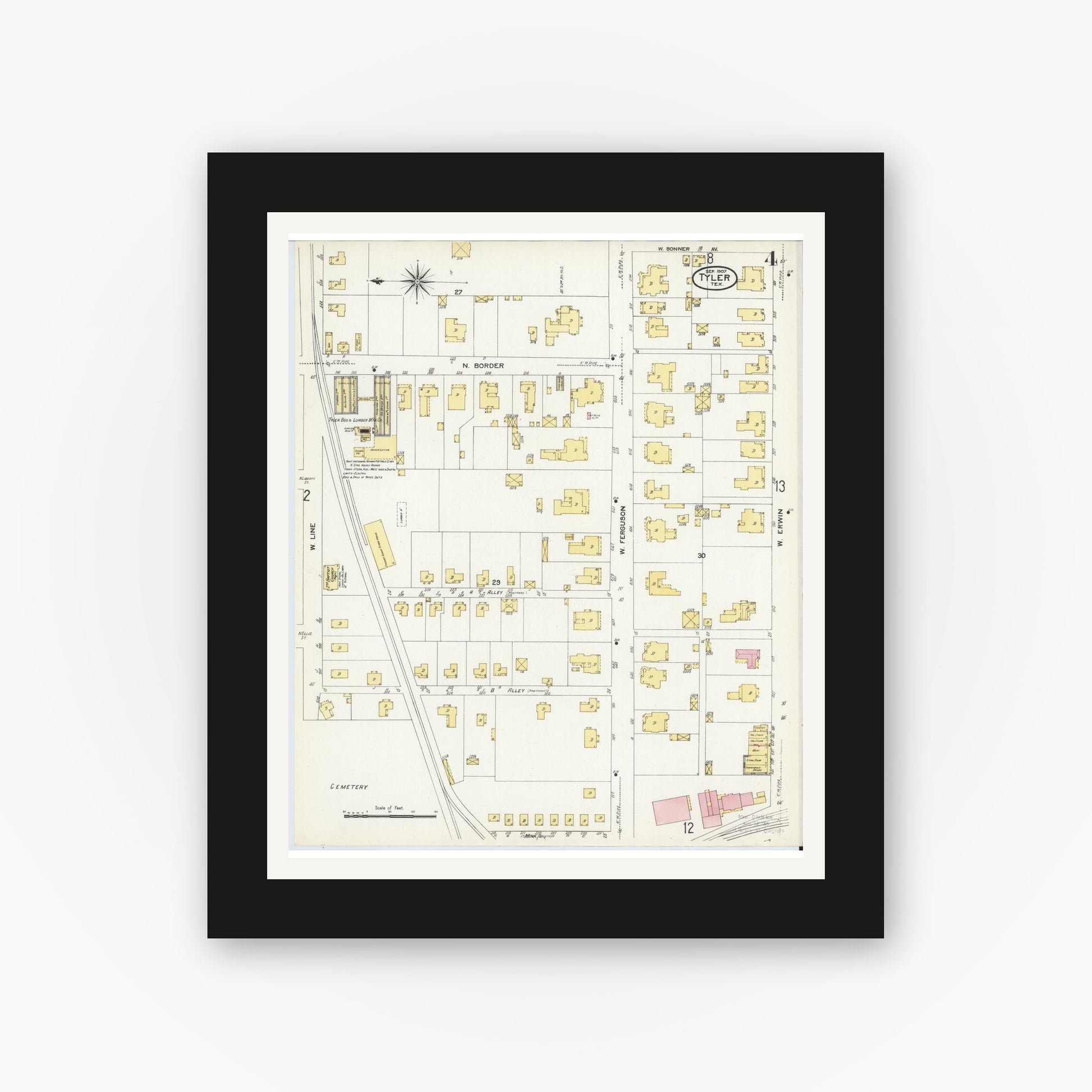 Old map wall art mockup — black gallery frame with white mat — Sanborn Fire Insurance Map from Tyler, Smith County, Texas (1907), Sheet #0004
