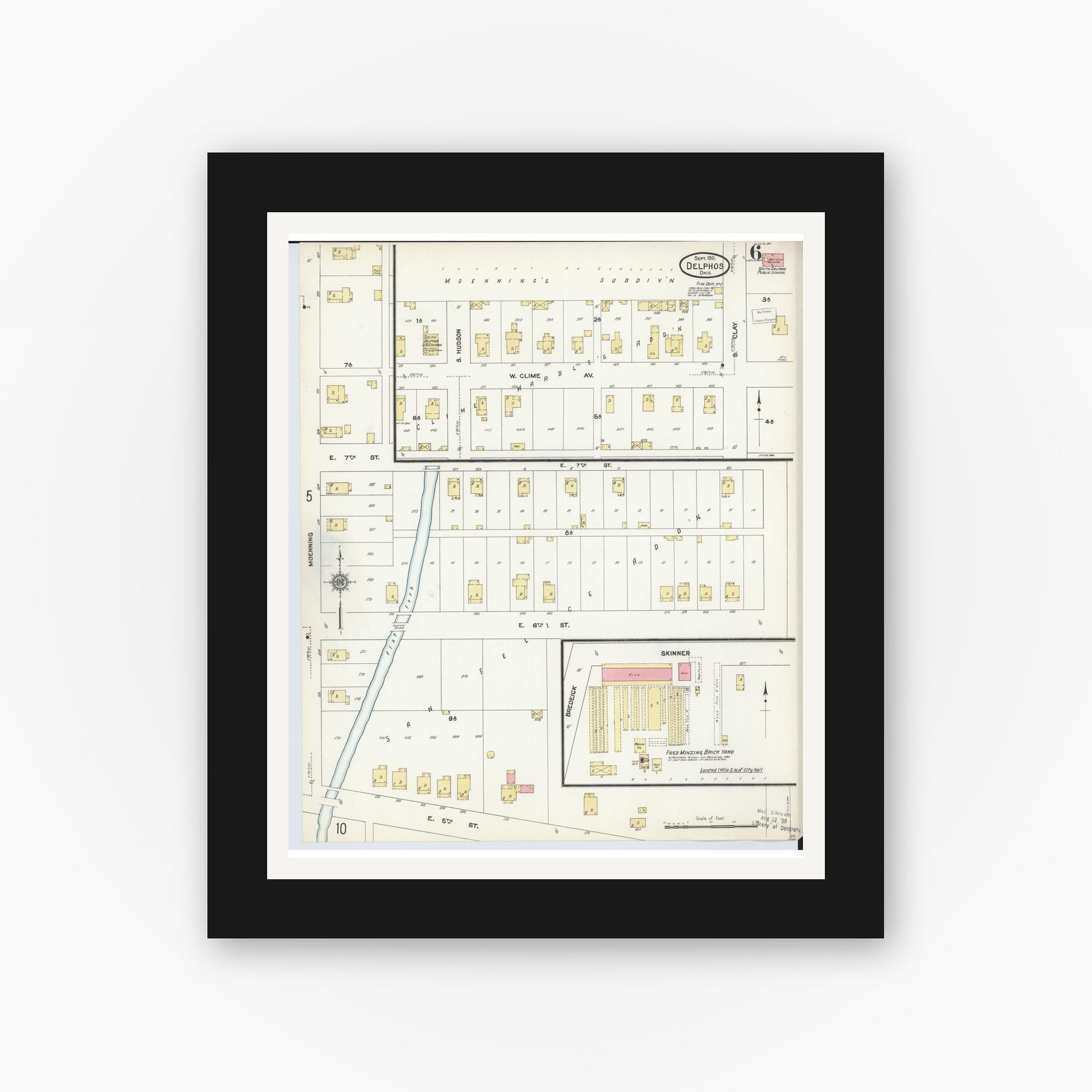 Old map wall art mockup — black gallery frame with white mat — Sanborn Fire Insurance Map from Delphos, Van Wert And Allen Counties, Ohio (1911), Sheet #0006