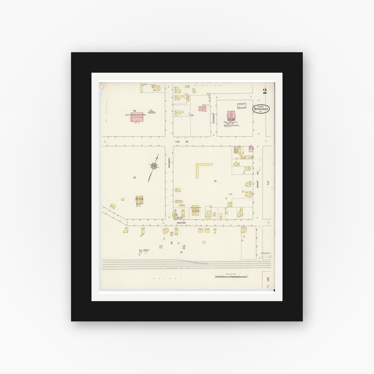 Old map wall art mockup — black gallery frame with white mat — Sanborn Fire Insurance Map from Manassas, Independent Cities, Virginia (1912), Sheet #0002