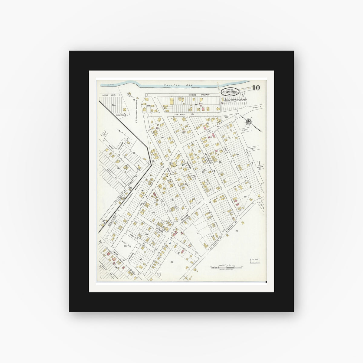Old map wall art mockup — black gallery frame with white mat — Sanborn Fire Insurance Map from Keansburg, Monmouth County, New Jersey (1918), Sheet #0010