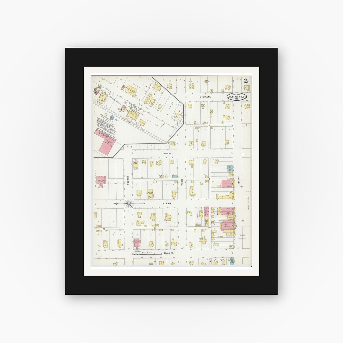 Old map wall art mockup — black gallery frame with white mat — Sanborn Fire Insurance Map from Mountain Grove, Wright County, Missouri (1902), Sheet #0002