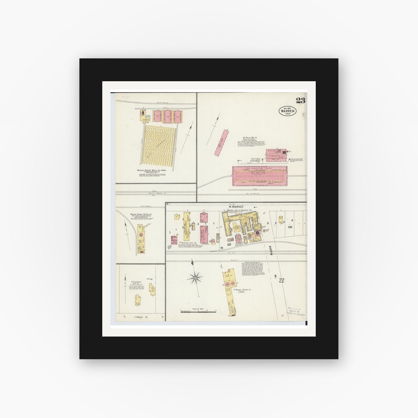 Old map wall art mockup — black gallery frame with white mat — Sanborn Fire Insurance Map from Warren, Trumbull County, Ohio (1902), Sheet #0023