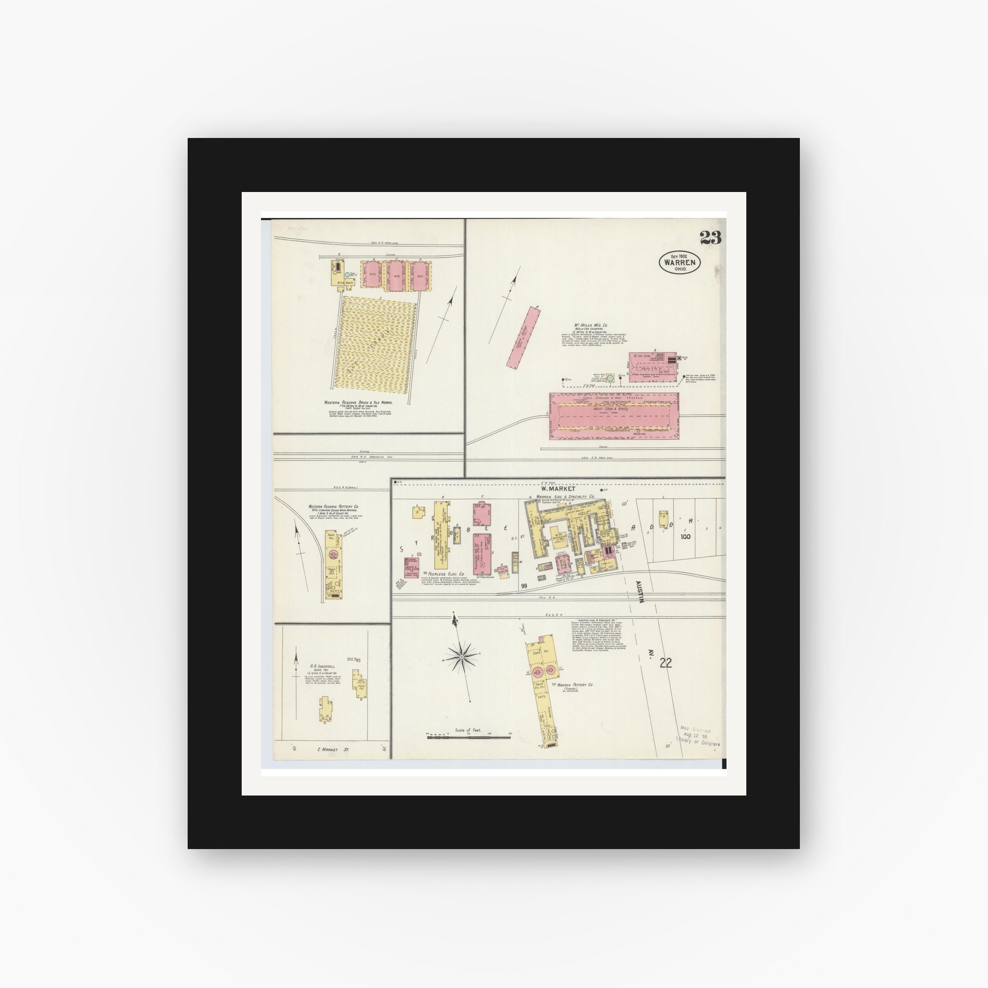Old map wall art mockup — black gallery frame with white mat — Sanborn Fire Insurance Map from Warren, Trumbull County, Ohio (1902), Sheet #0023