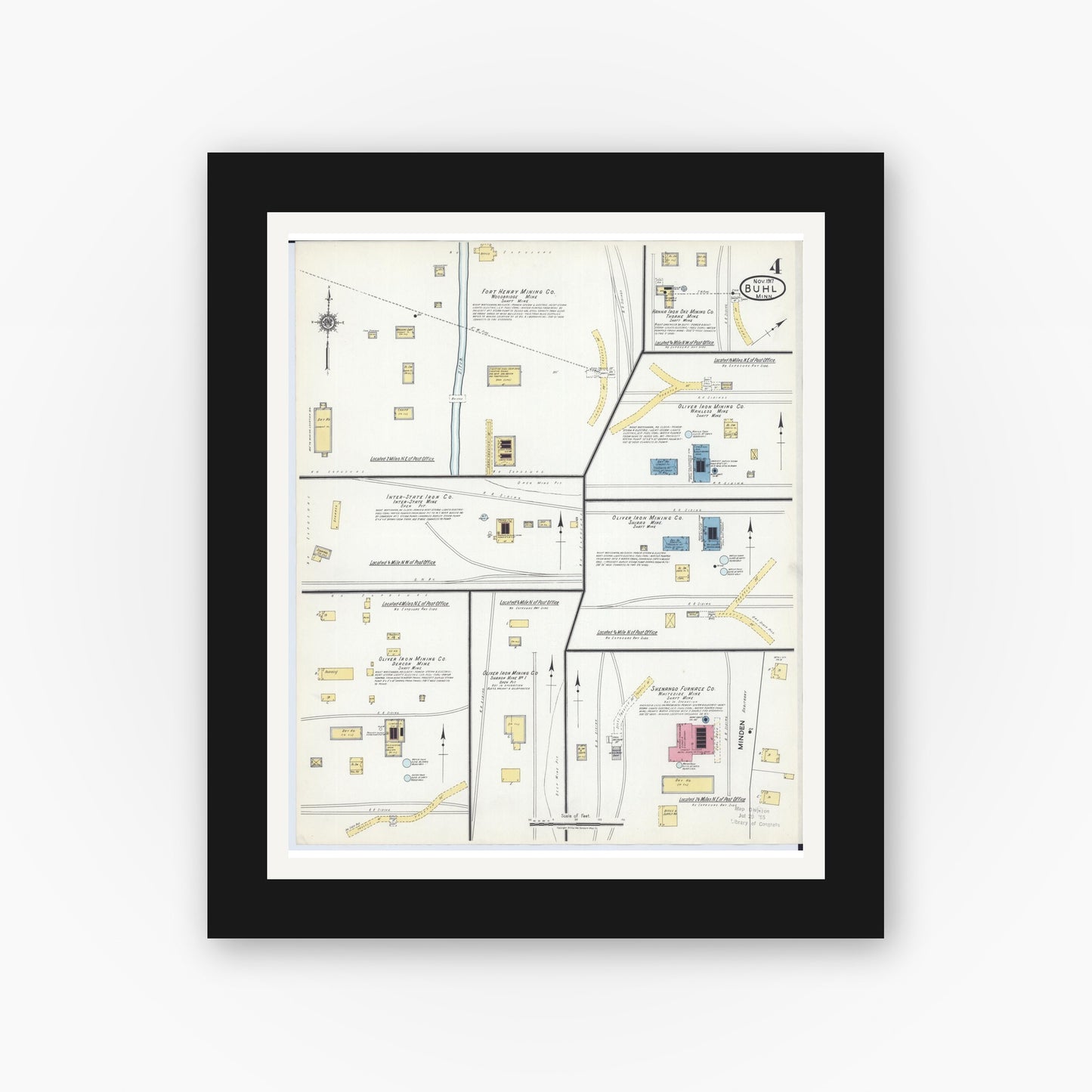 Old map wall art mockup — black gallery frame with white mat — Sanborn Fire Insurance Map from Buhl, Saint Louis County, Minnesota (1917), Sheet #0004
