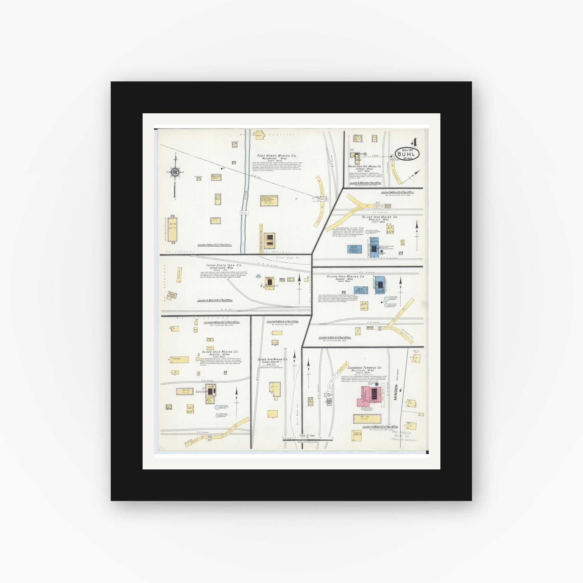 Old map wall art mockup — black gallery frame with white mat — Sanborn Fire Insurance Map from Buhl, Saint Louis County, Minnesota (1917), Sheet #0004