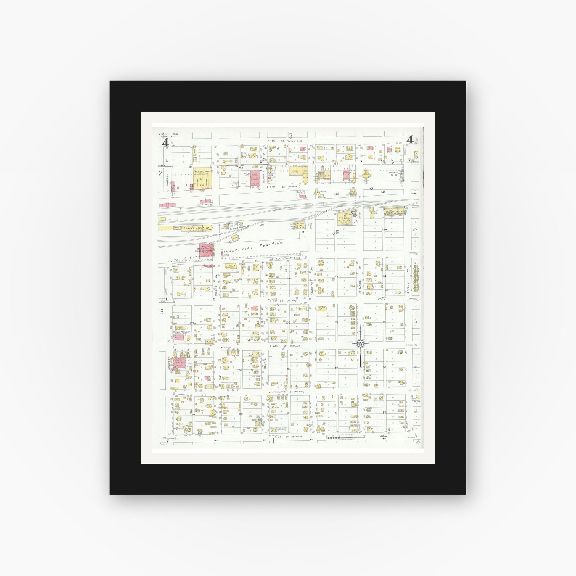 Old map wall art mockup — black gallery frame with white mat — Sanborn Fire Insurance Map from Mission, Hidalgo County, Texas (1933), Sheet #0004