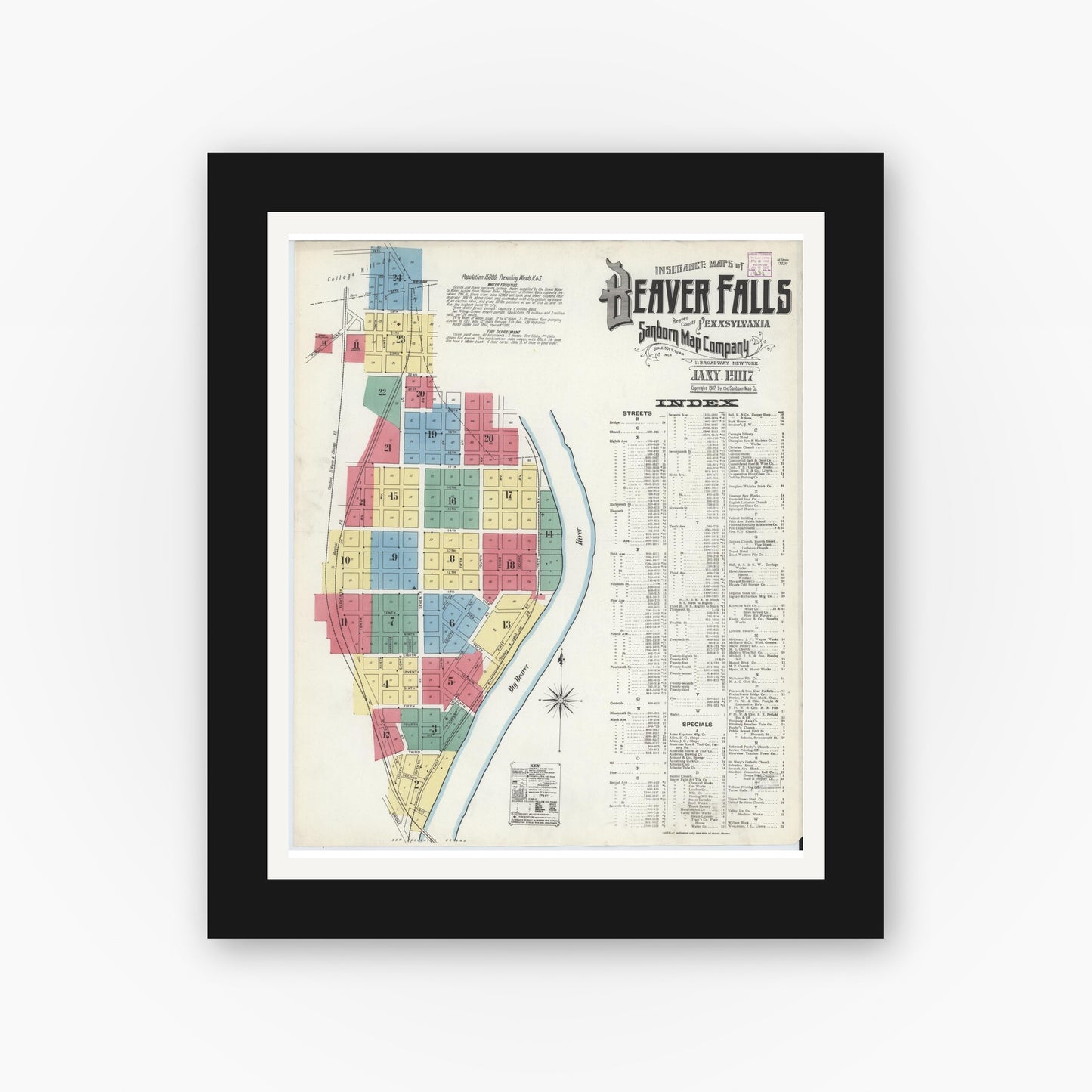 Old map wall art mockup — black gallery frame with white mat — Sanborn Fire Insurance Map from Beaver Falls, Beaver County, Pennsylvania (1907) - Complete Map Set