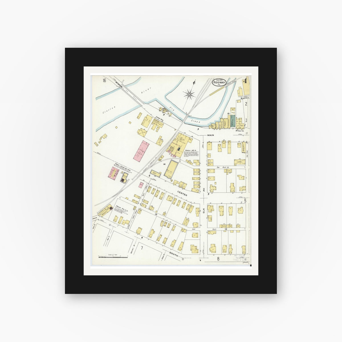 Old map wall art mockup — black gallery frame with white mat — Sanborn Fire Insurance Map from Ridgway, Elk County, Pennsylvania (1909), Sheet #0004