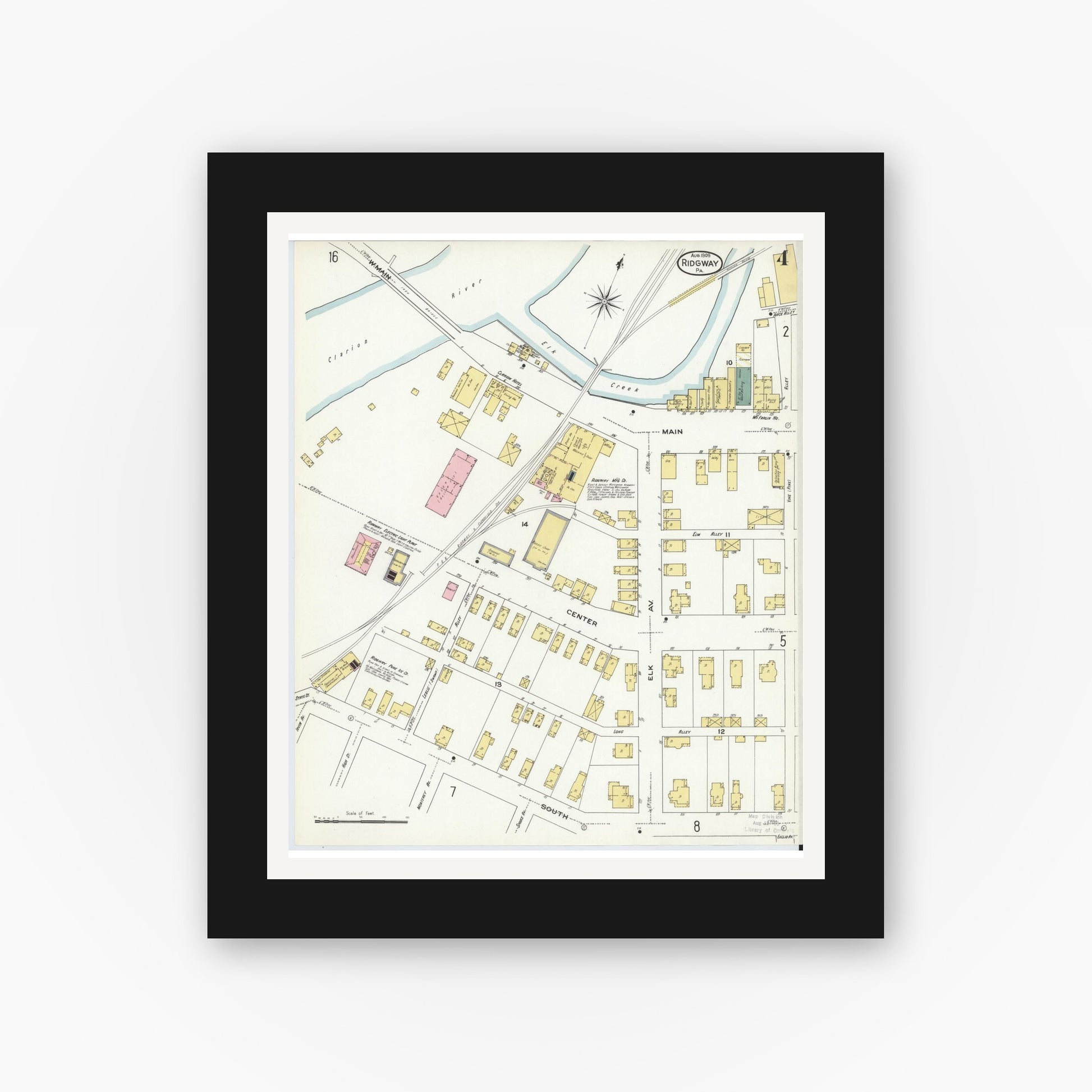 Old map wall art mockup — black gallery frame with white mat — Sanborn Fire Insurance Map from Ridgway, Elk County, Pennsylvania (1909), Sheet #0004