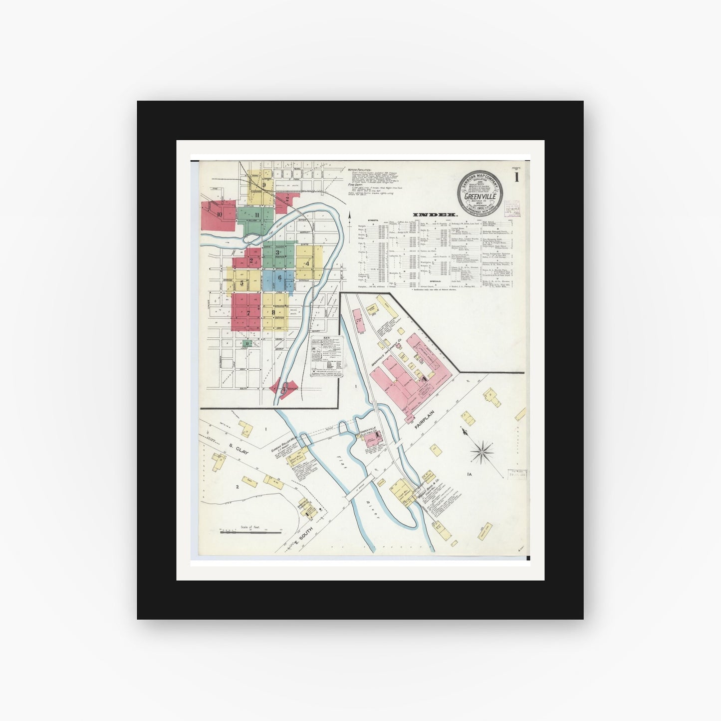 Old map wall art mockup — black gallery frame with white mat — Sanborn Fire Insurance Map from Greenville, Montcalm County, Michigan (1908), Sheet #0001