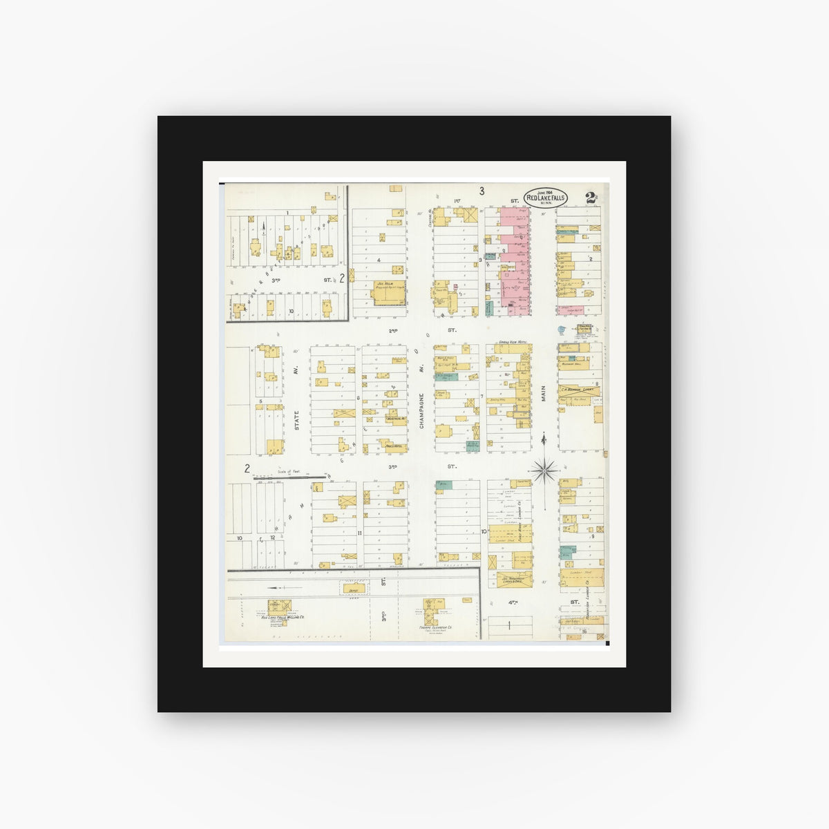 Old map wall art mockup — black gallery frame with white mat — Sanborn Fire Insurance Map from Red Lake Falls, Red Lake County, Minnesota (1904), Sheet #0002