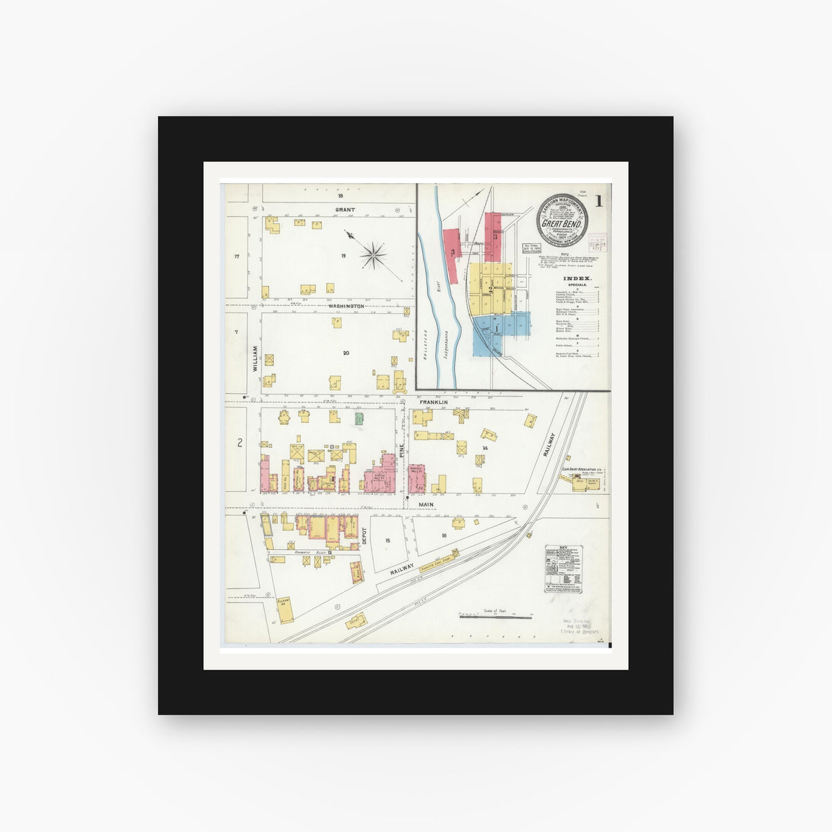 Old map wall art mockup — black gallery frame with white mat — Sanborn Fire Insurance Map from Great Bend, Susquehanna County, Pennsylvania (1904) - Complete Map Set