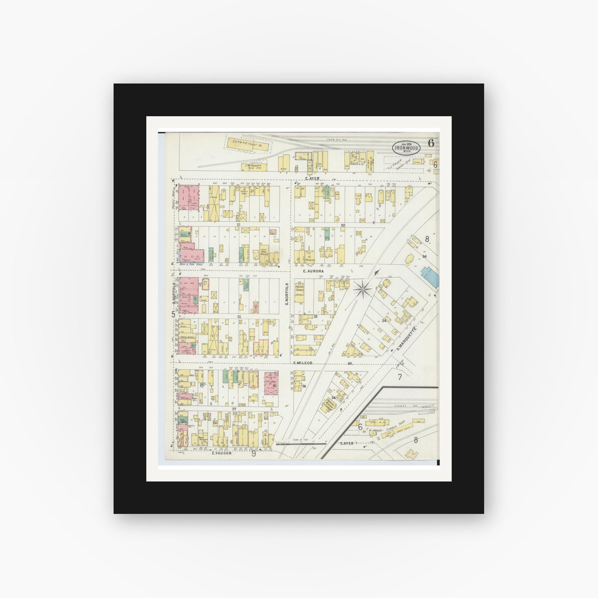 Old map wall art mockup — black gallery frame with white mat — Sanborn Fire Insurance Map from Ironwood, Gogebic County, Michigan (1898), Sheet #0006