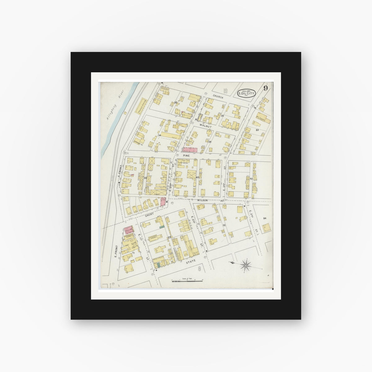 Old map wall art mockup — black gallery frame with white mat — Sanborn Fire Insurance Map from Oil City, Venango County, Pennsylvania (1895), Sheet #0009