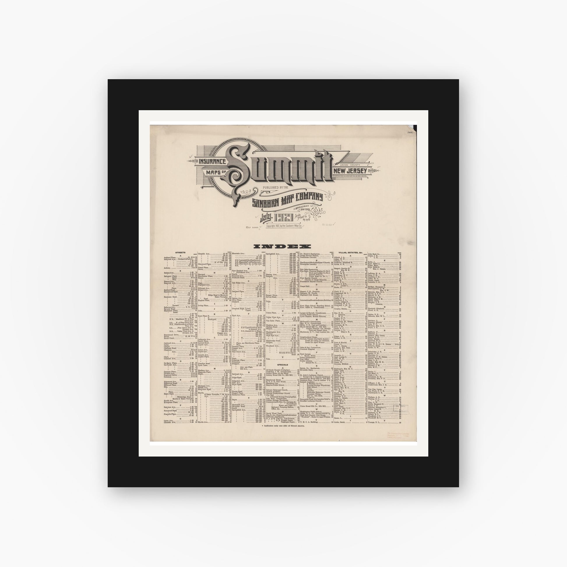 Old map wall art mockup — black gallery frame with white mat — Sanborn Fire Insurance Map from Summit, Union County, New Jersey (1921), Sheet #0001
