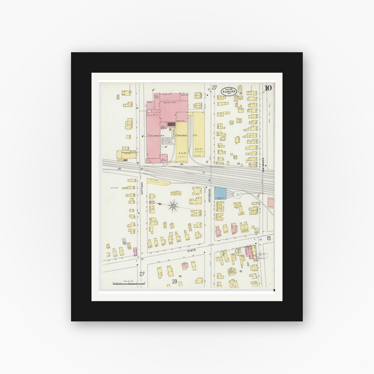 Old map wall art mockup — black gallery frame with white mat — Sanborn Fire Insurance Map from Auburn, Cayuga County, New York (1898), Sheet #0010