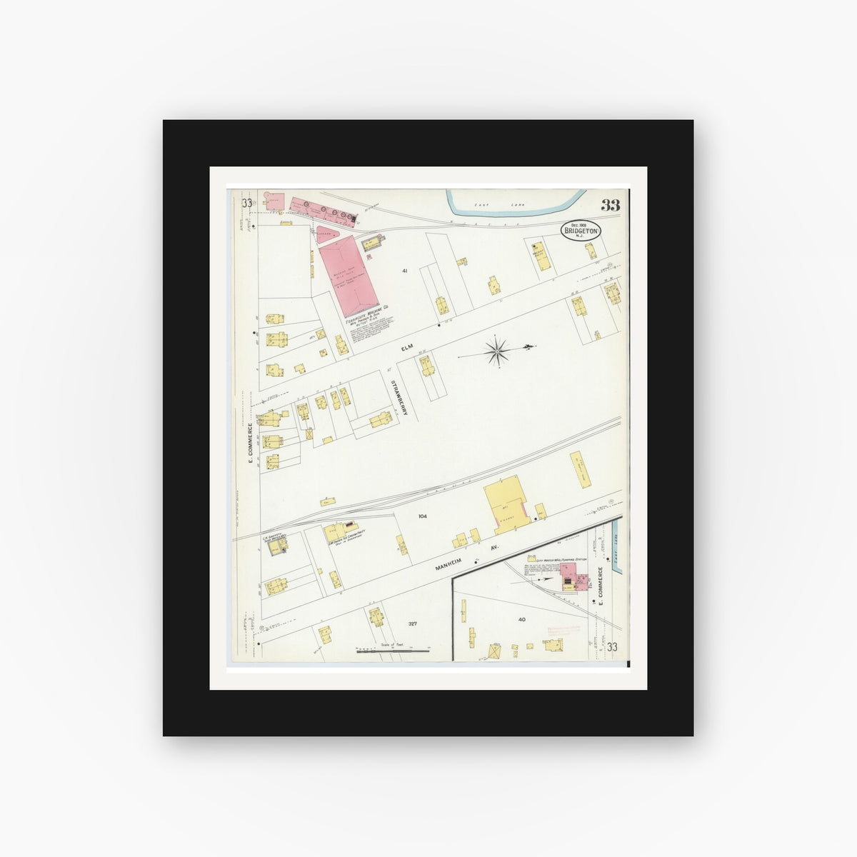Old map wall art mockup — black gallery frame with white mat — Sanborn Fire Insurance Map from Bridgeton, Cumberland County, New Jersey (1908), Sheet #0033