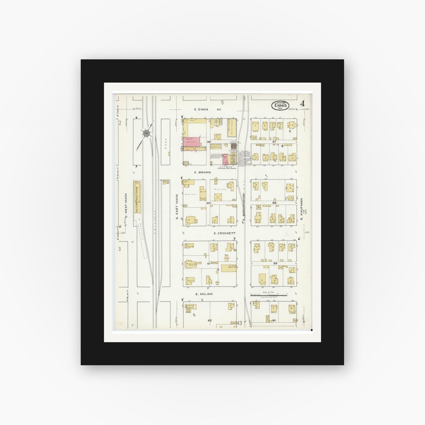 Old map wall art mockup — black gallery frame with white mat — Sanborn Fire Insurance Map from Ennis, Ellis County, Texas (1920), Sheet #0004
