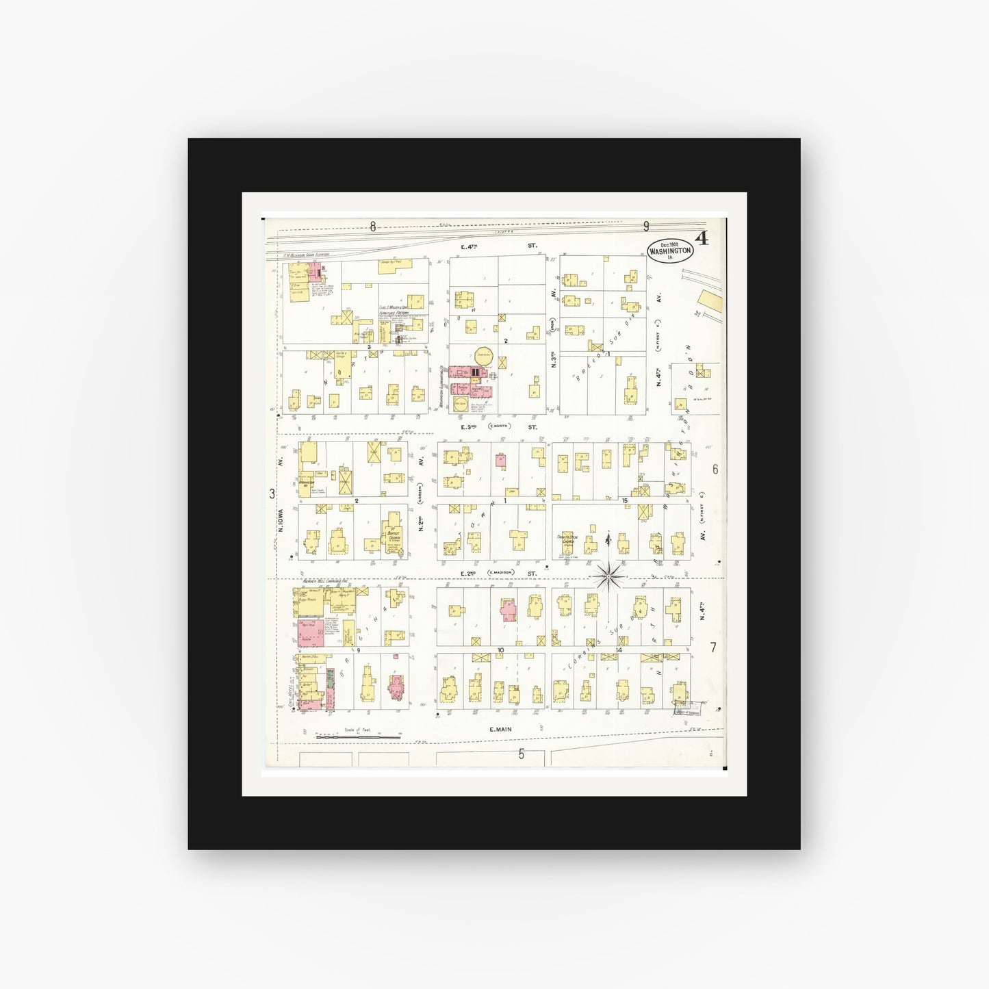 Old map wall art mockup — black gallery frame with white mat — Sanborn Fire Insurance Map from Washington, Washington County, Iowa (1902), Sheet #0004