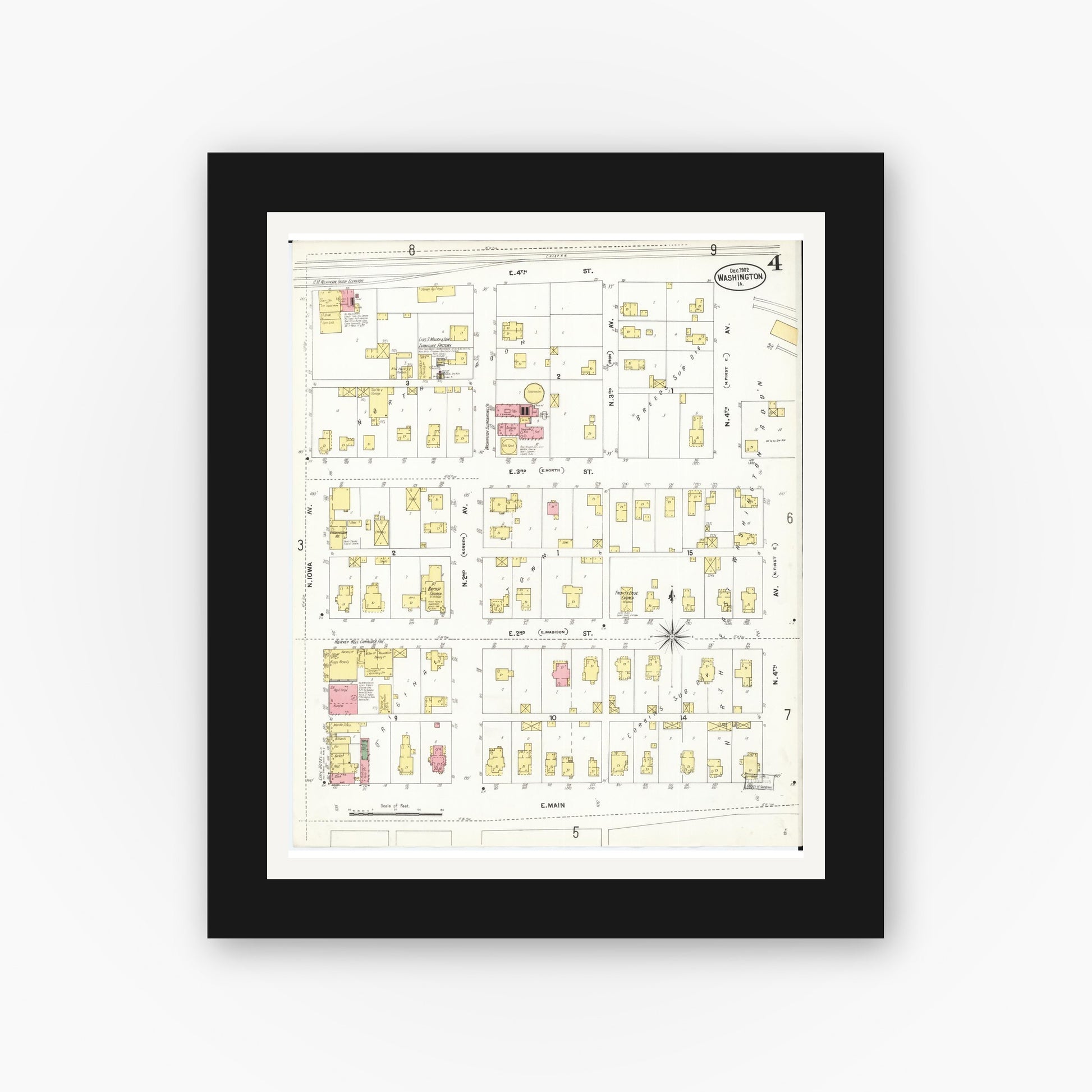Old map wall art mockup — black gallery frame with white mat — Sanborn Fire Insurance Map from Washington, Washington County, Iowa (1902), Sheet #0004