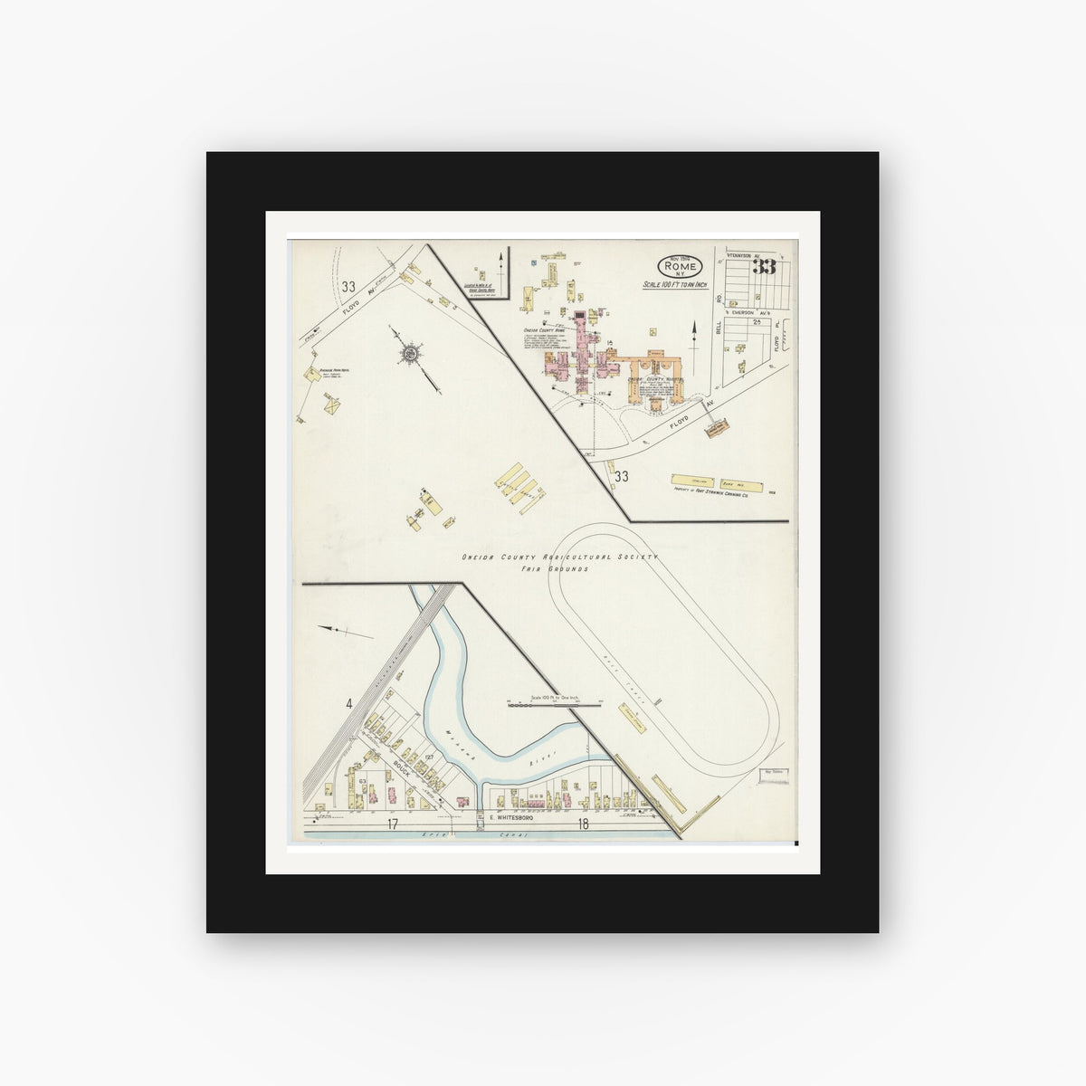 Old map wall art mockup — black gallery frame with white mat — Sanborn Fire Insurance Map from Rome, Oneida County, New York (1914), Sheet #0033