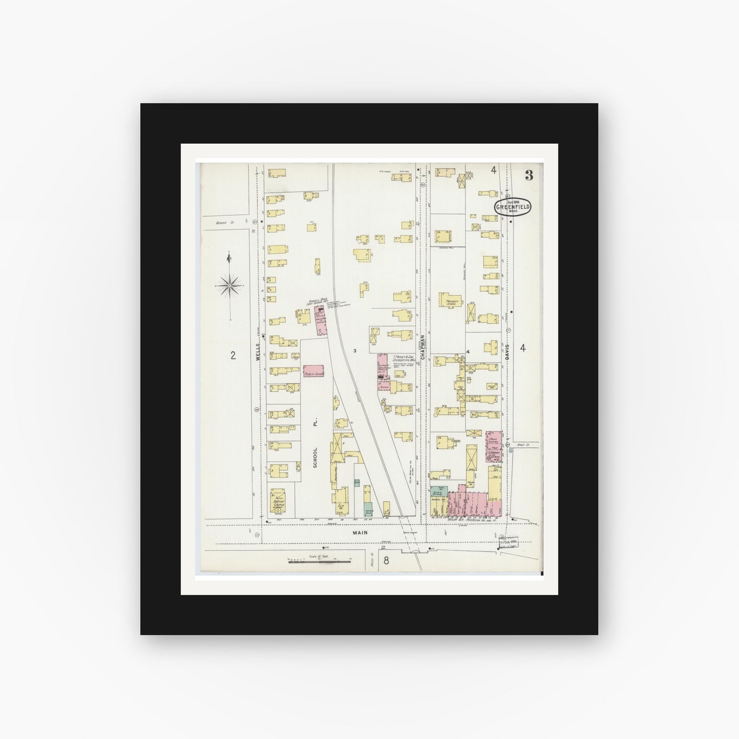 Old map wall art mockup — black gallery frame with white mat — Sanborn Fire Insurance Map from Greenfield, Franklin County, Massachusetts (1896), Sheet #0003
