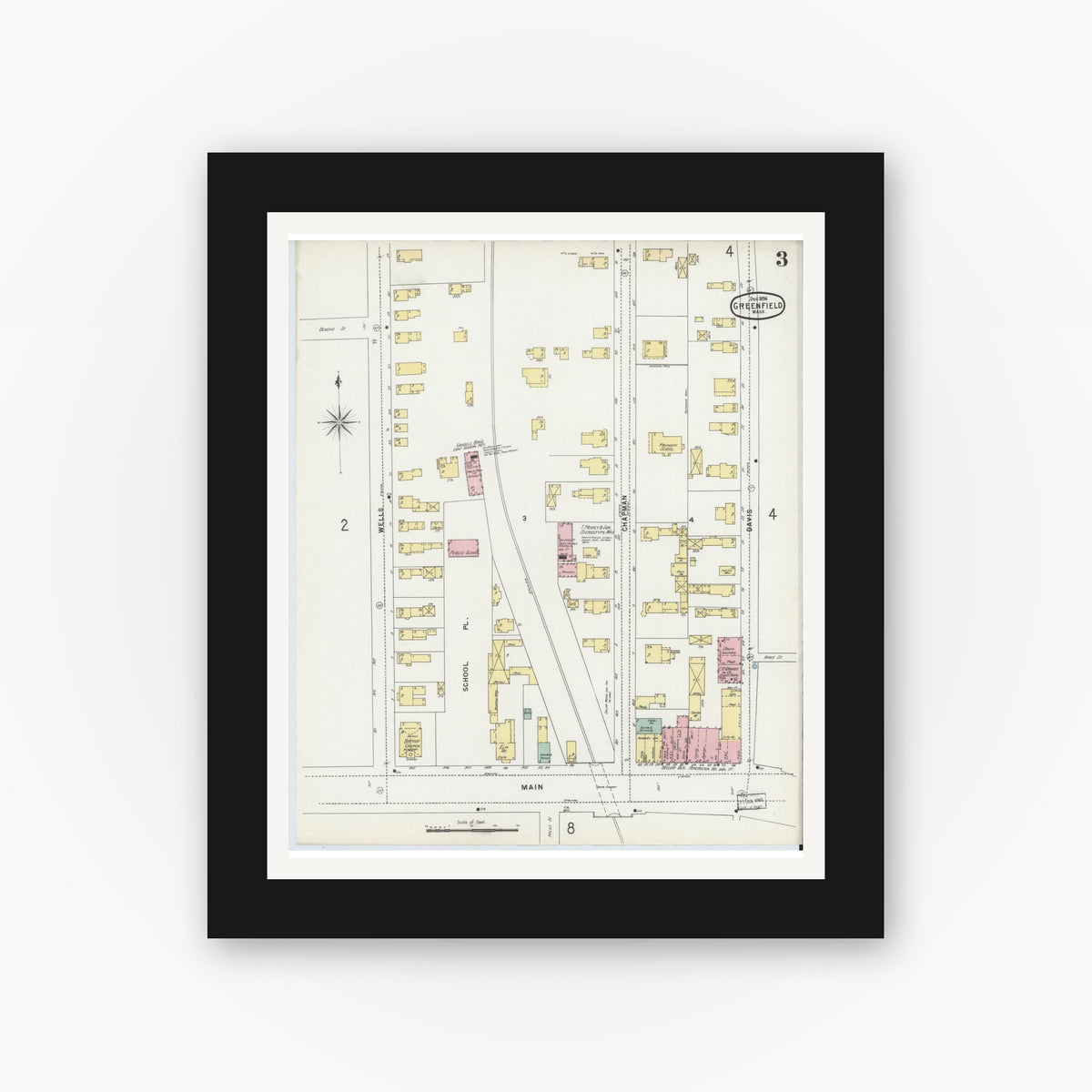 Old map wall art mockup — black gallery frame with white mat — Sanborn Fire Insurance Map from Greenfield, Franklin County, Massachusetts (1896), Sheet #0003
