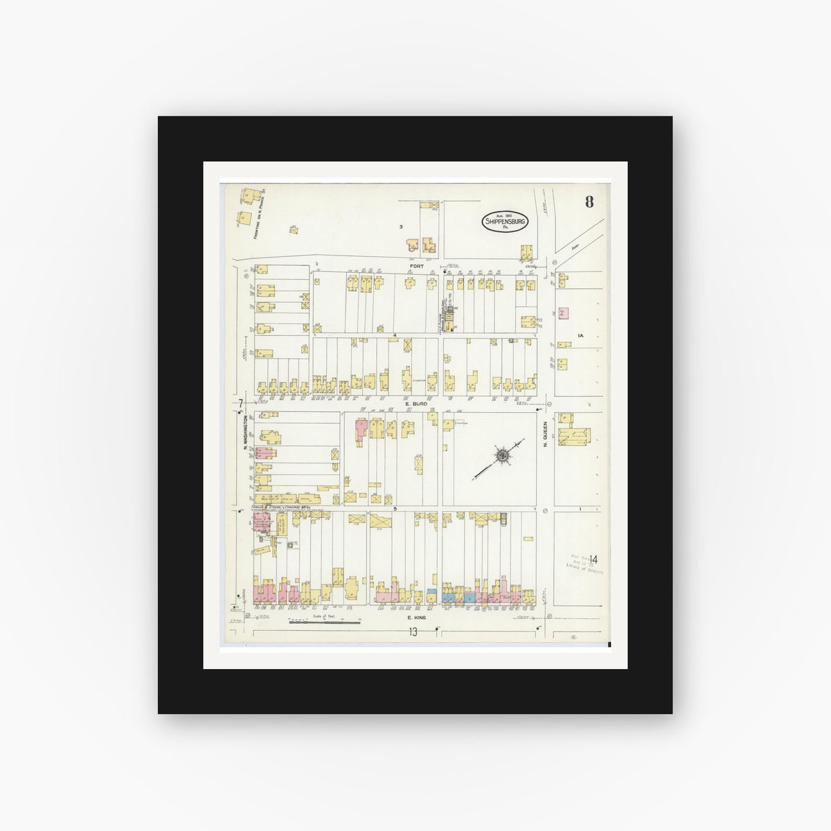 Old map wall art mockup — black gallery frame with white mat — Sanborn Fire Insurance Map from Shippensburg, Cumberland And Franklin Counties, Pennsylvania (1910), Sheet #0008