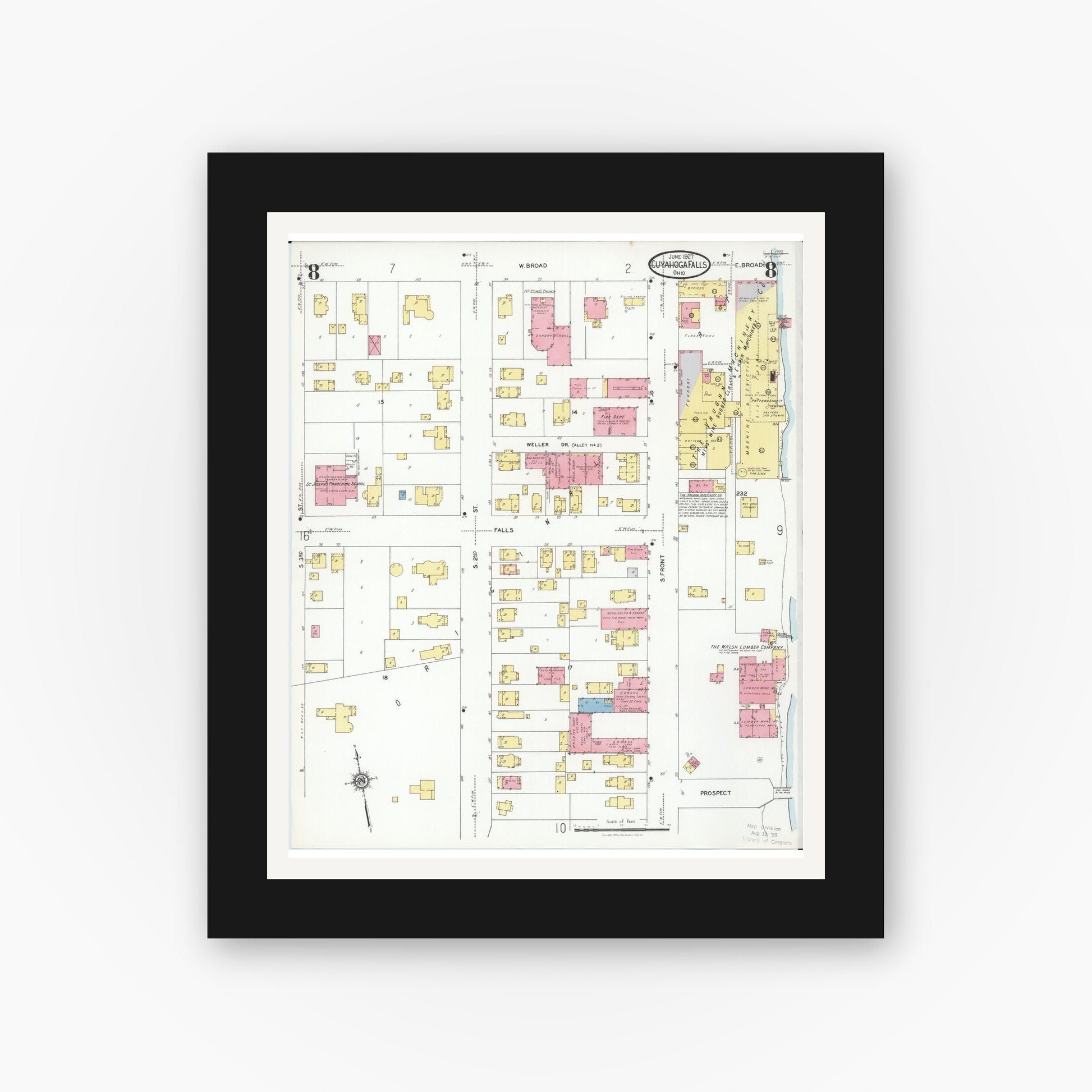 Old map wall art mockup — black gallery frame with white mat — Sanborn Fire Insurance Map from Cuyahoga Falls, Summit County, Ohio (1927), Sheet #0008