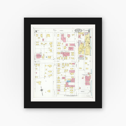 Old map wall art mockup — black gallery frame with white mat — Sanborn Fire Insurance Map from Cuyahoga Falls, Summit County, Ohio (1927), Sheet #0008