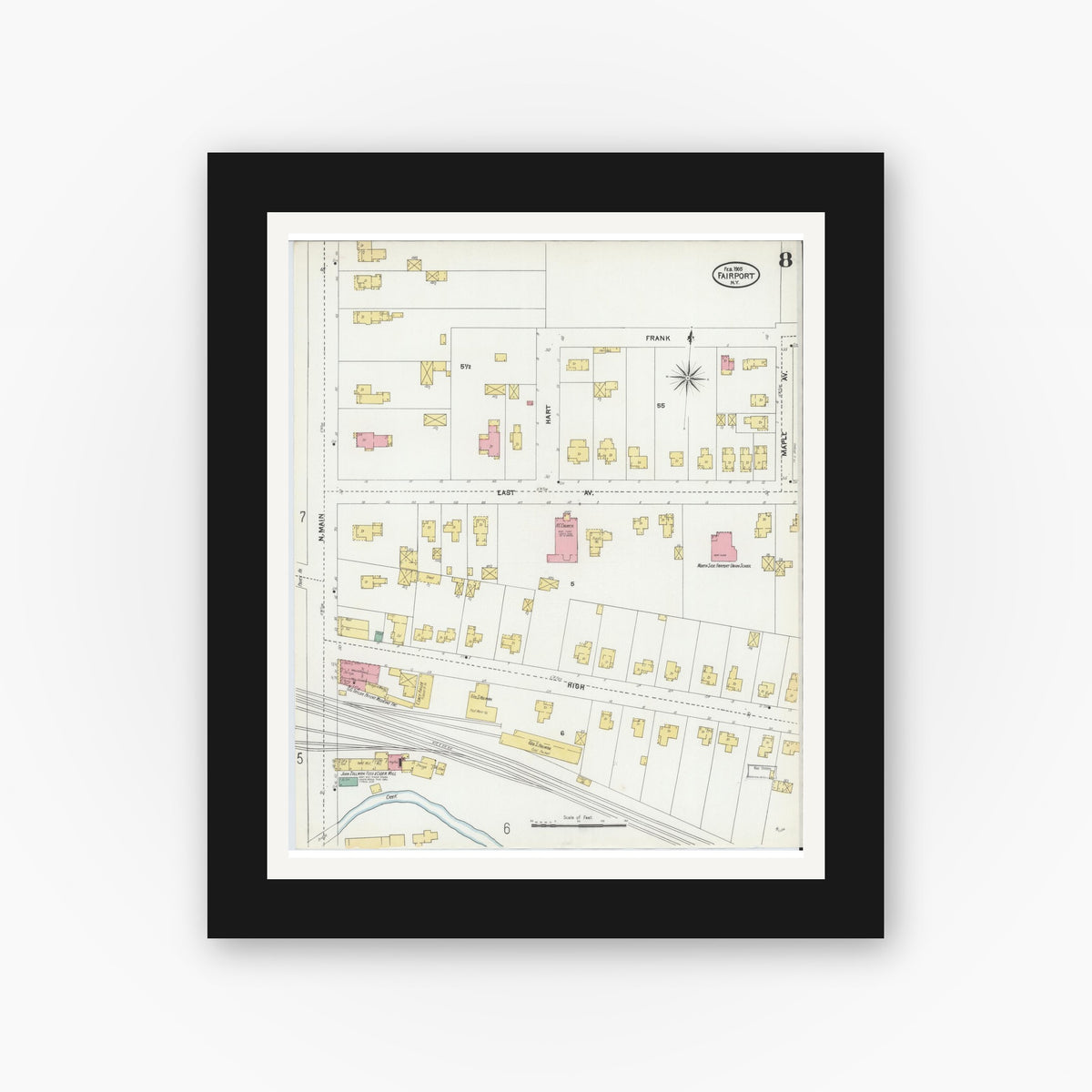 Old map wall art mockup — black gallery frame with white mat — Sanborn Fire Insurance Map from Fairport, Monroe County, New York (1905), Sheet #0008