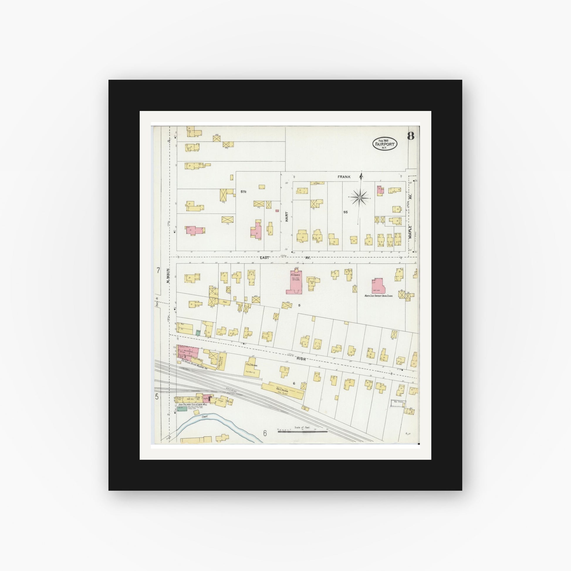 Old map wall art mockup — black gallery frame with white mat — Sanborn Fire Insurance Map from Fairport, Monroe County, New York (1905), Sheet #0008
