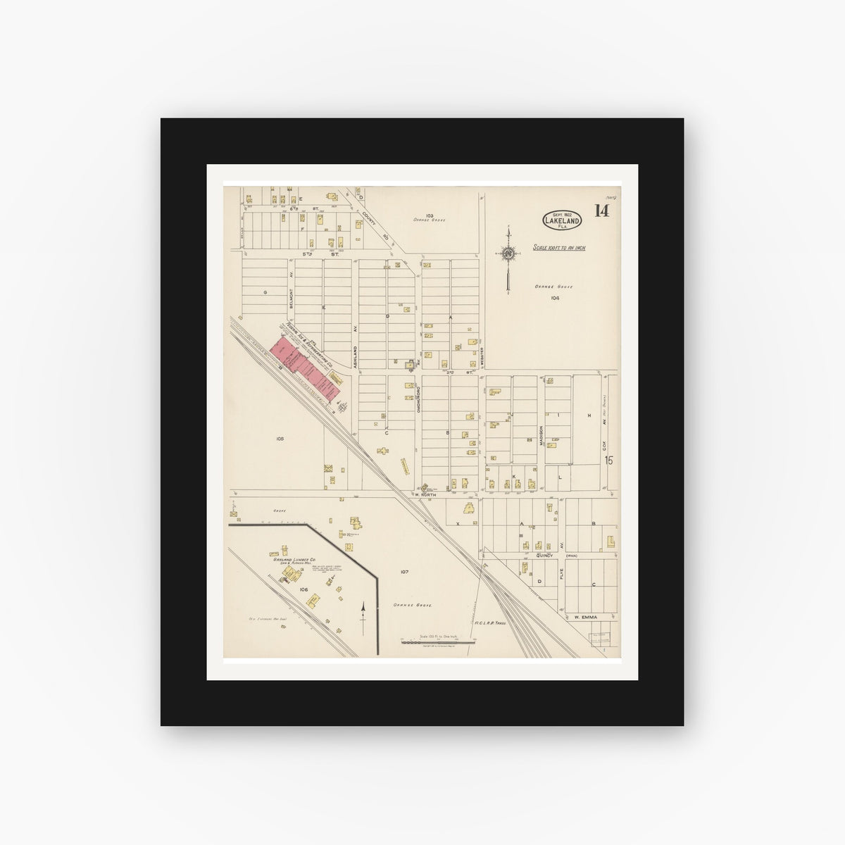 Old map wall art mockup — black gallery frame with white mat — Sanborn Fire Insurance Map from Lakeland, Polk County, Florida (1922), Sheet #0014