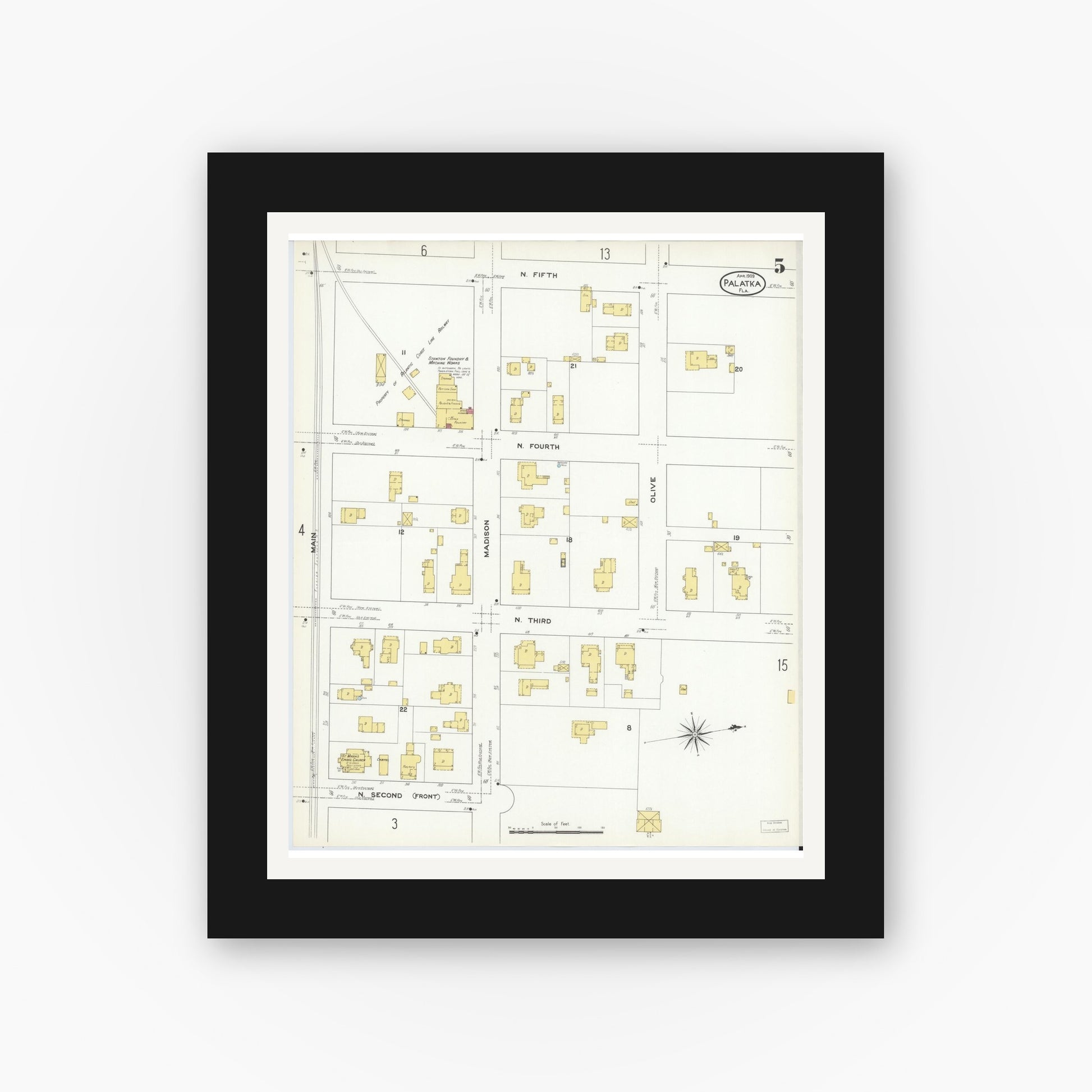 Old map wall art mockup — black gallery frame with white mat — Sanborn Fire Insurance Map from Palatka, Putnam County, Florida (1909), Sheet #0005