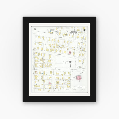 Old map wall art mockup — black gallery frame with white mat — Sanborn Fire Insurance Map from Fort Recovery, Mercer County, Ohio (1927), Sheet #0003